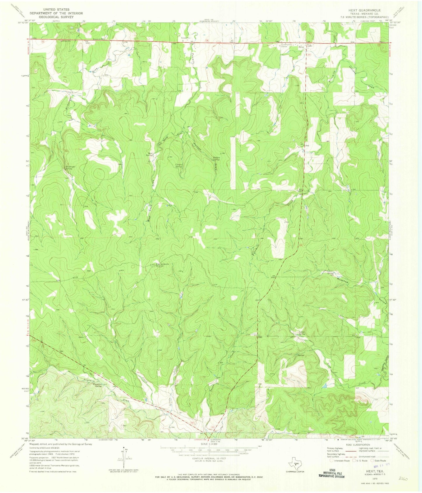 Classic USGS Hext Texas 7.5'x7.5' Topo Map Image
