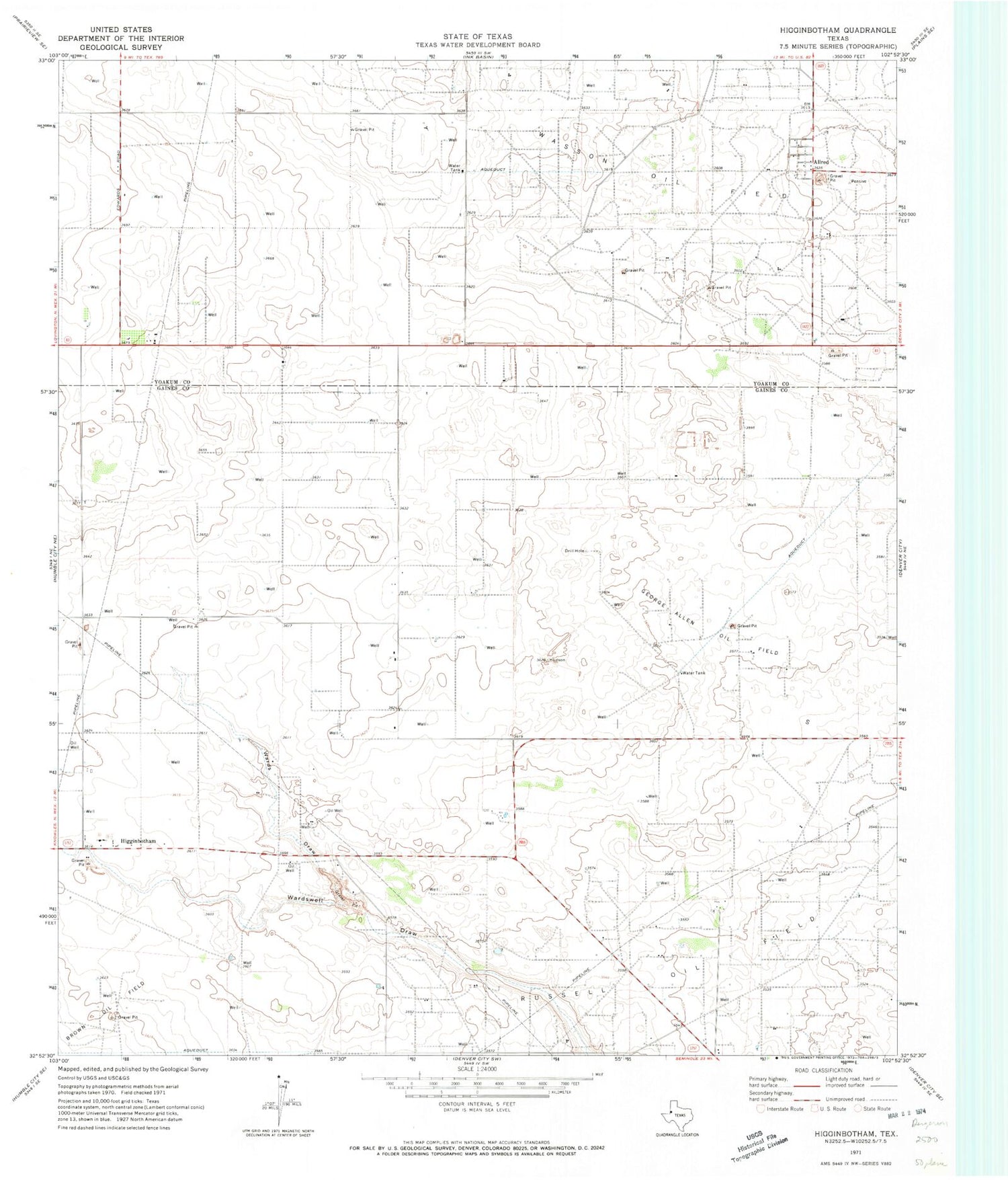 Classic USGS Higginbotham Texas 7.5'x7.5' Topo Map Image