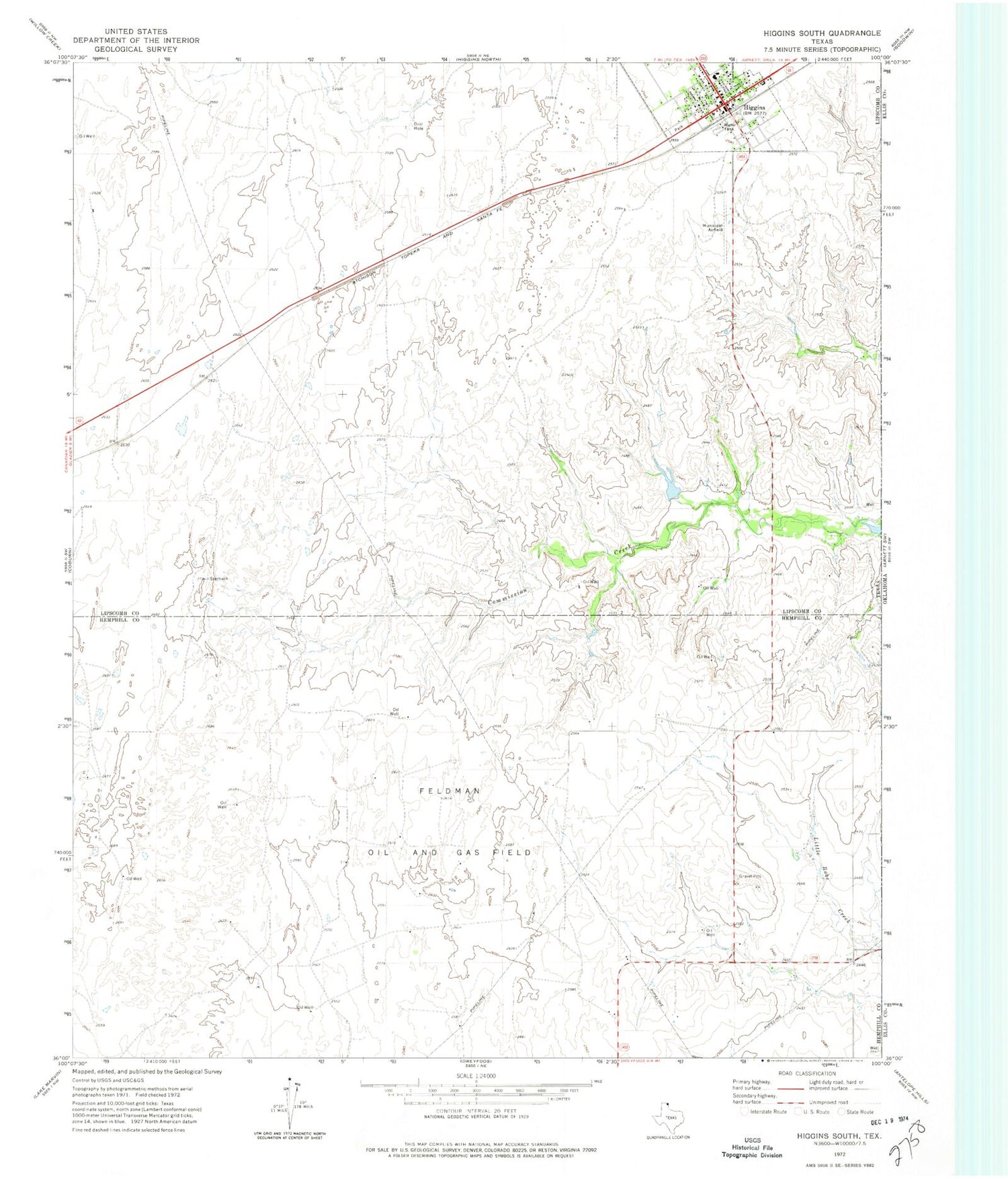 Classic USGS Higgins South Texas 7.5'x7.5' Topo Map Image