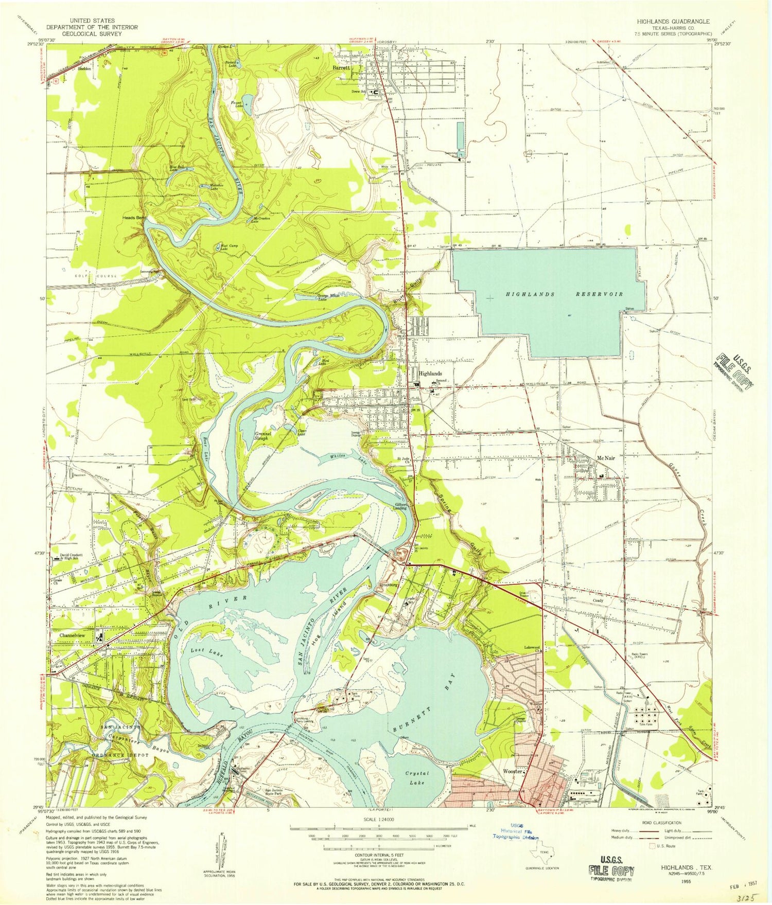 Classic USGS Highlands Texas 7.5'x7.5' Topo Map Image