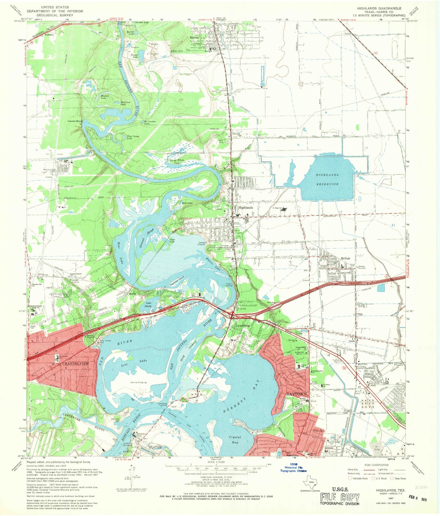 Classic USGS Highlands Texas 7.5'x7.5' Topo Map Image