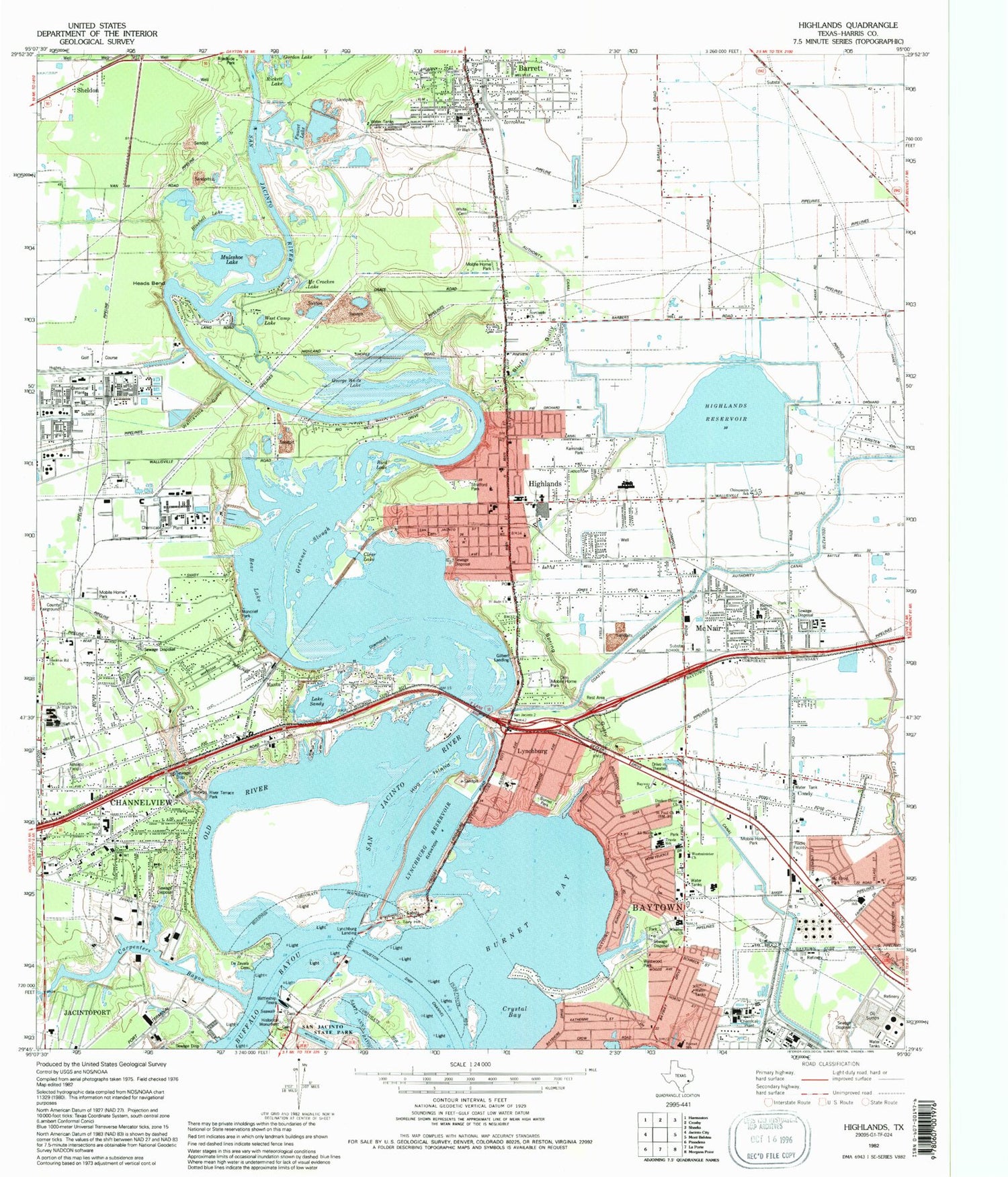 Classic USGS Highlands Texas 7.5'x7.5' Topo Map Image