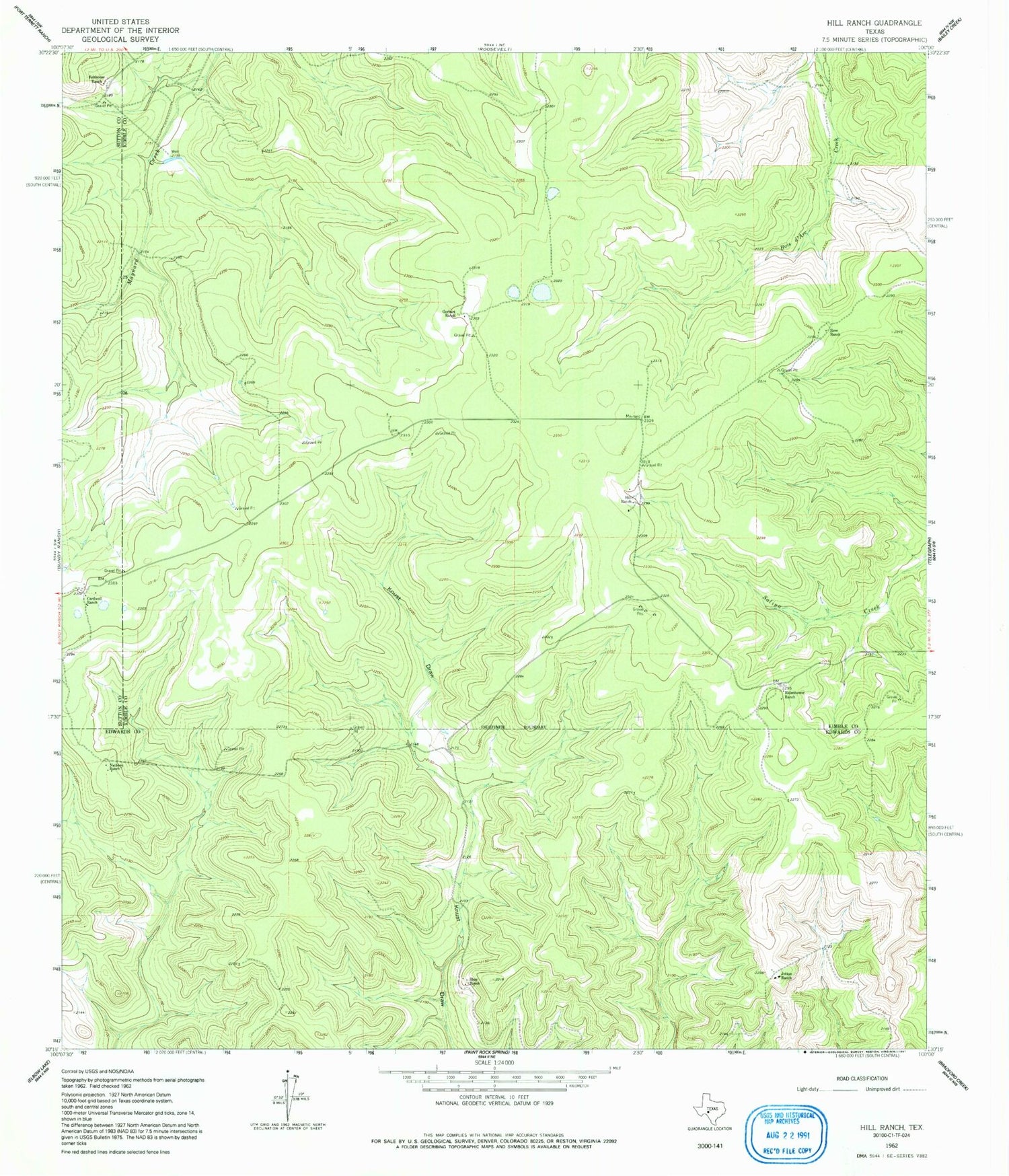 Classic USGS Hill Ranch Texas 7.5'x7.5' Topo Map Image