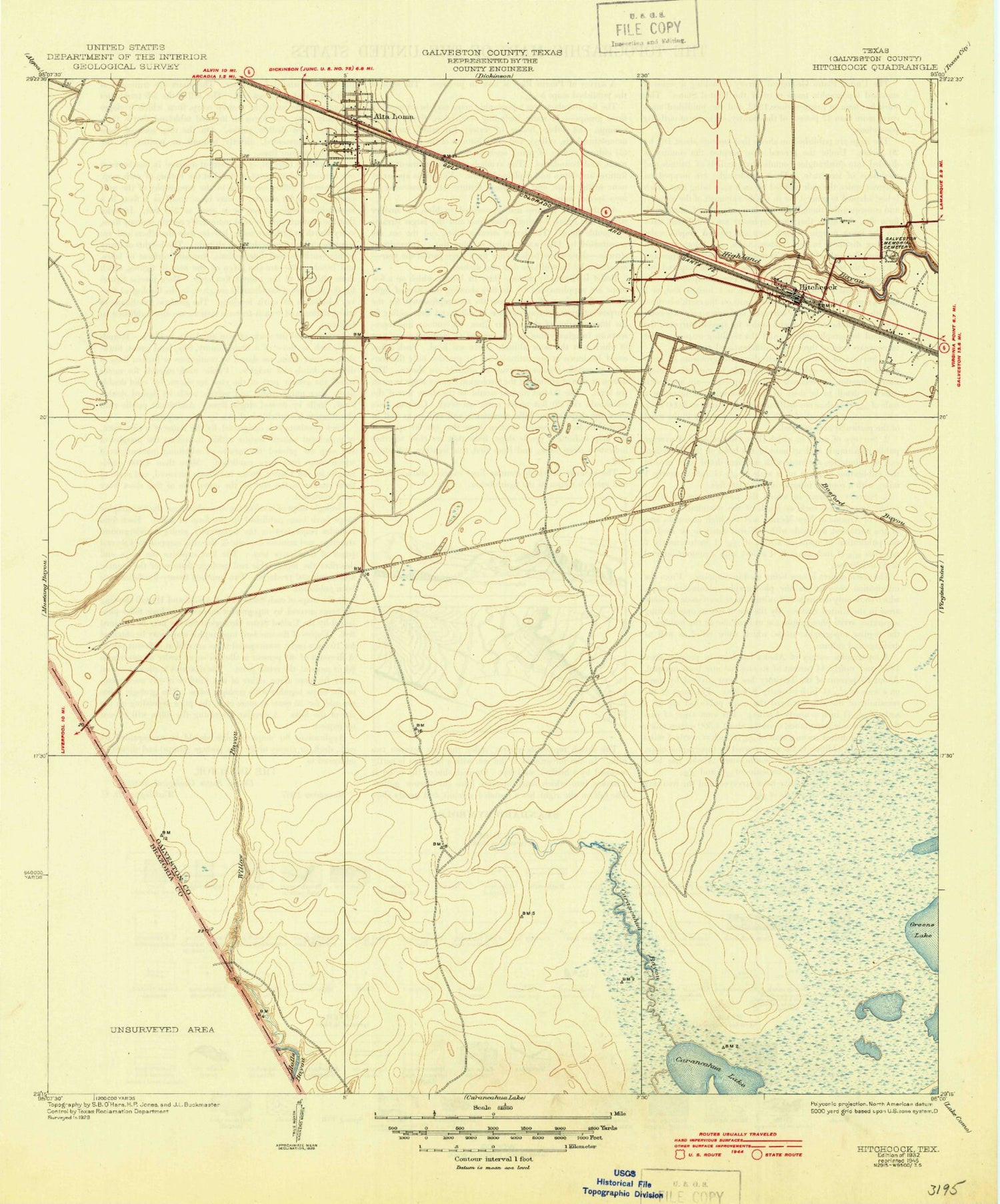 Classic USGS Hitchcock Texas 7.5'x7.5' Topo Map Image