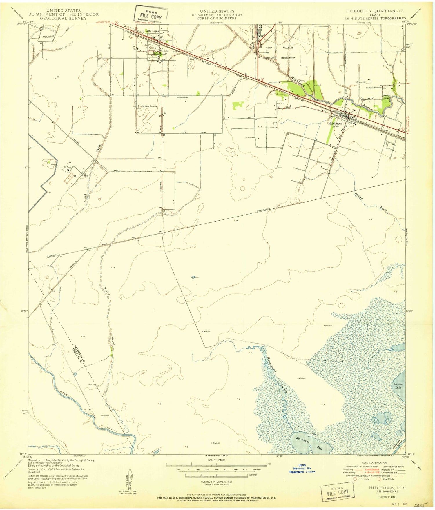 Classic USGS Hitchcock Texas 7.5'x7.5' Topo Map Image
