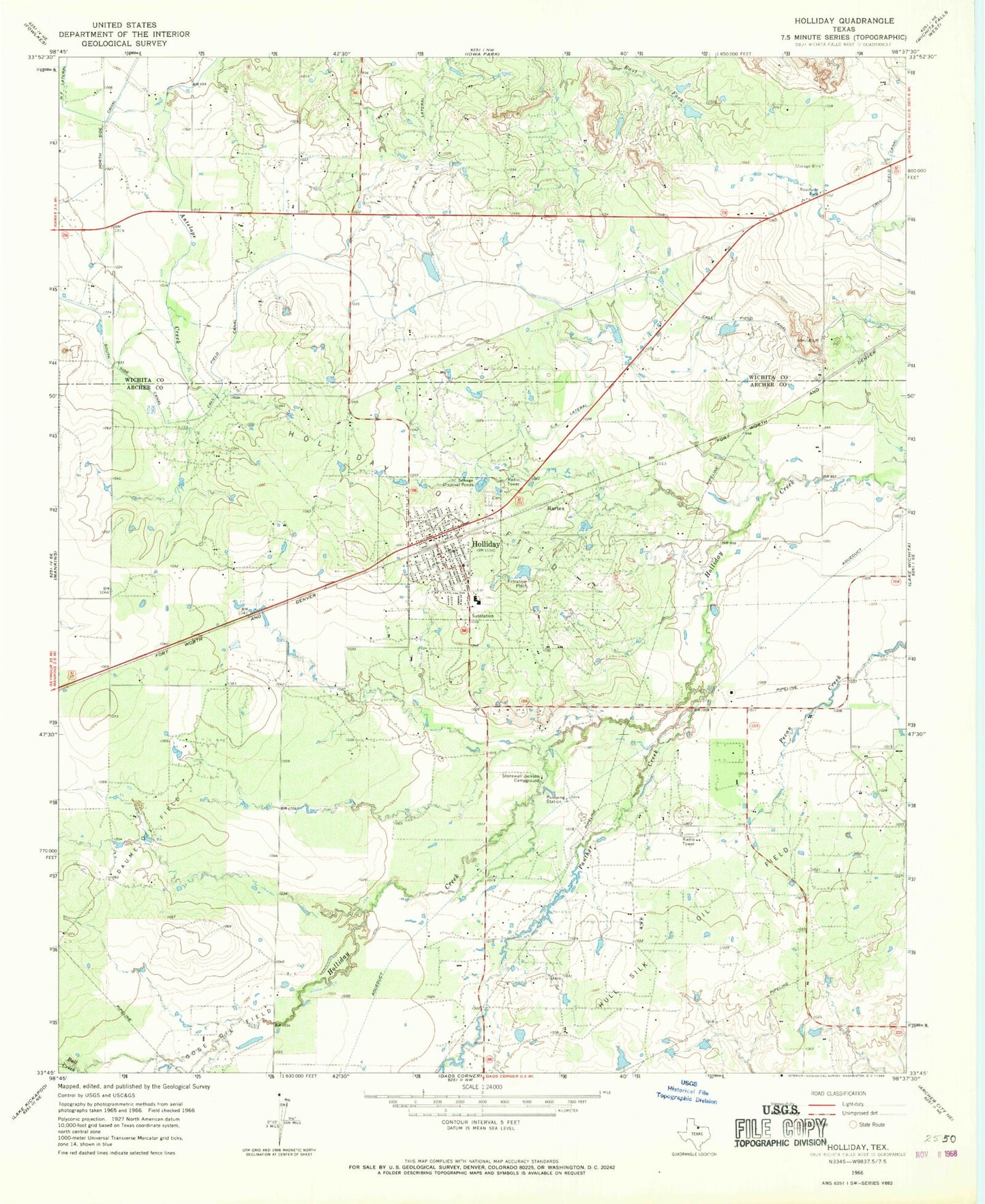 Classic USGS Holliday Texas 7.5'x7.5' Topo Map Image
