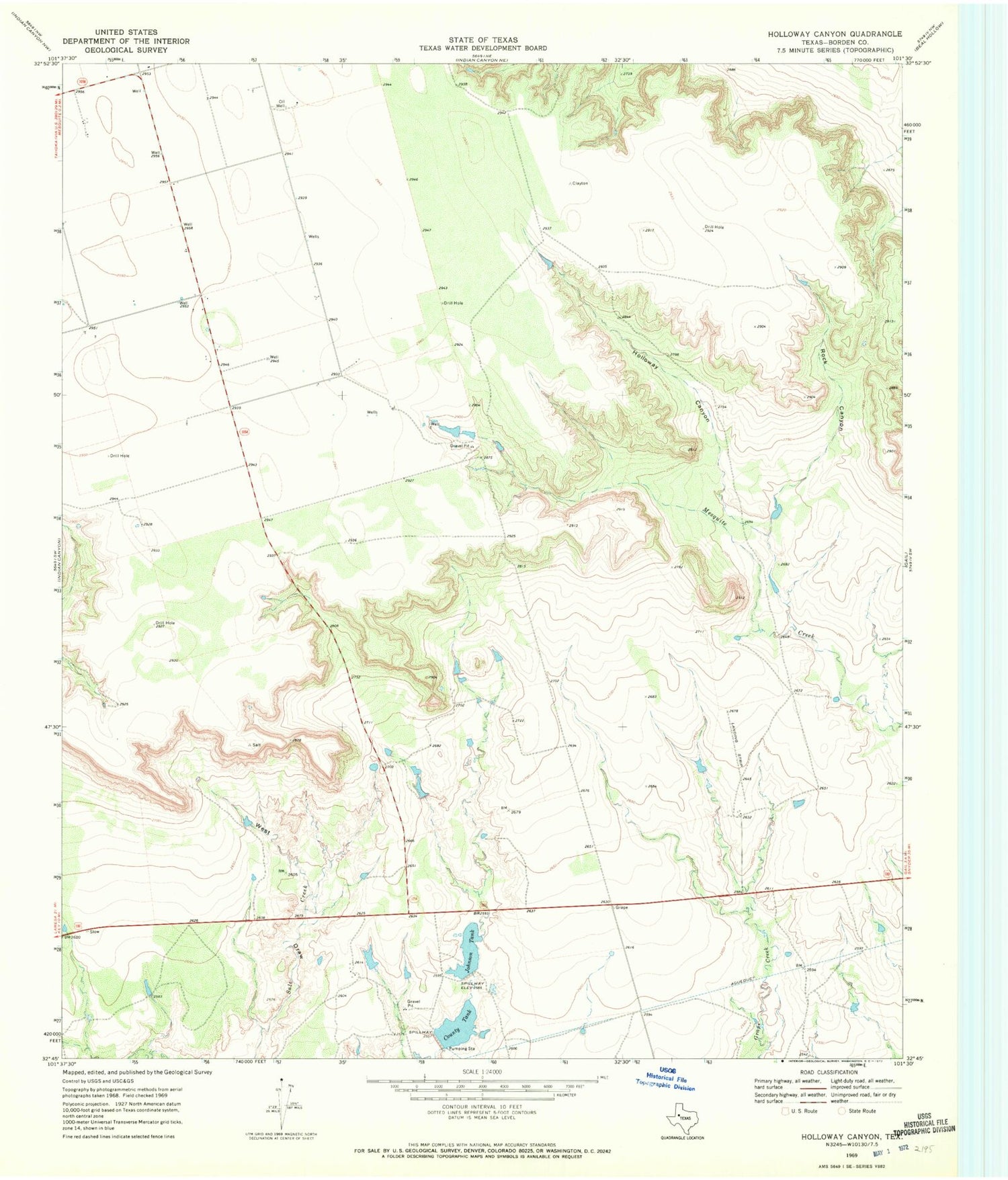 Classic USGS Holloway Canyon Texas 7.5'x7.5' Topo Map Image