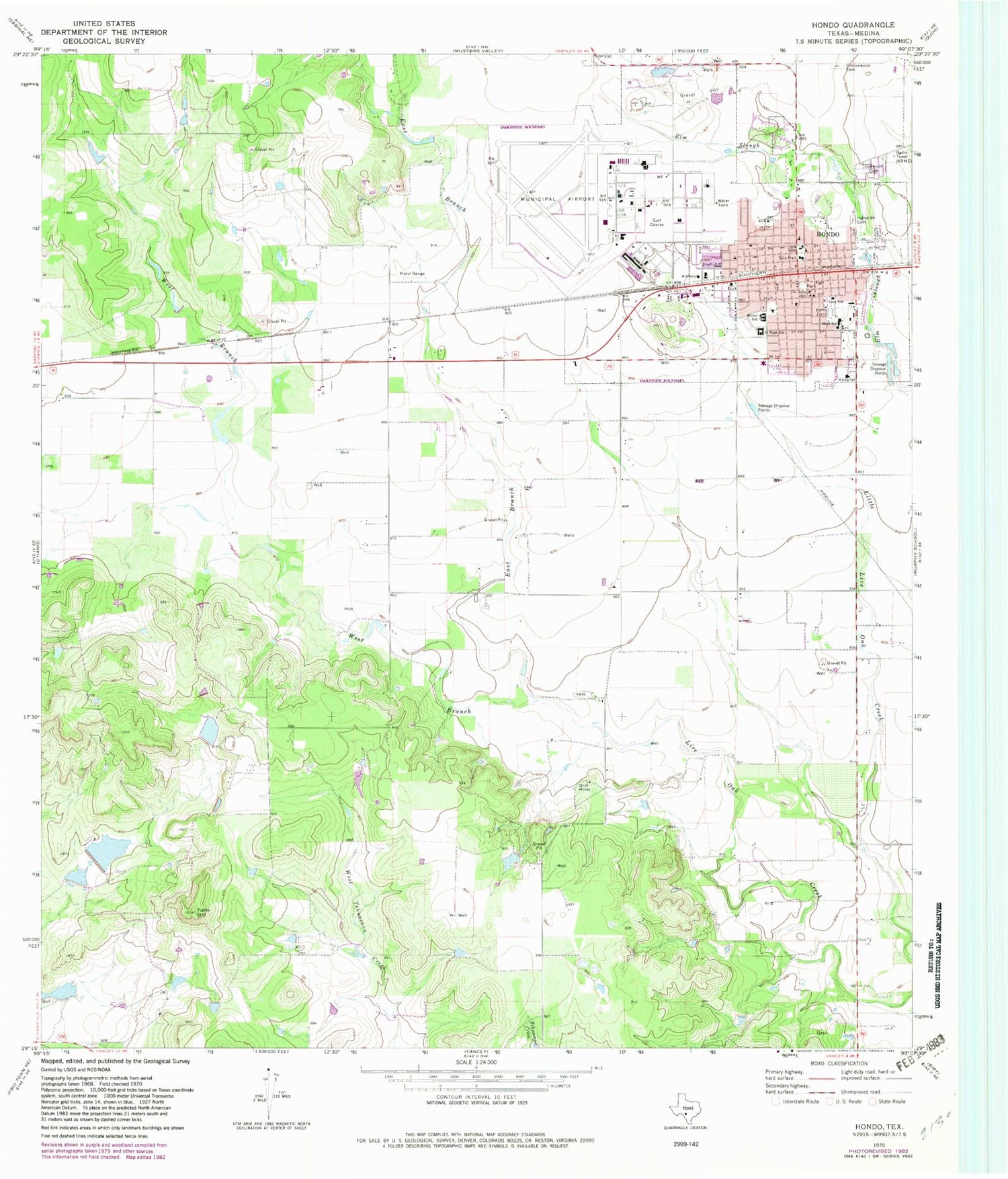 Classic USGS Hondo Texas 7.5'x7.5' Topo Map Image