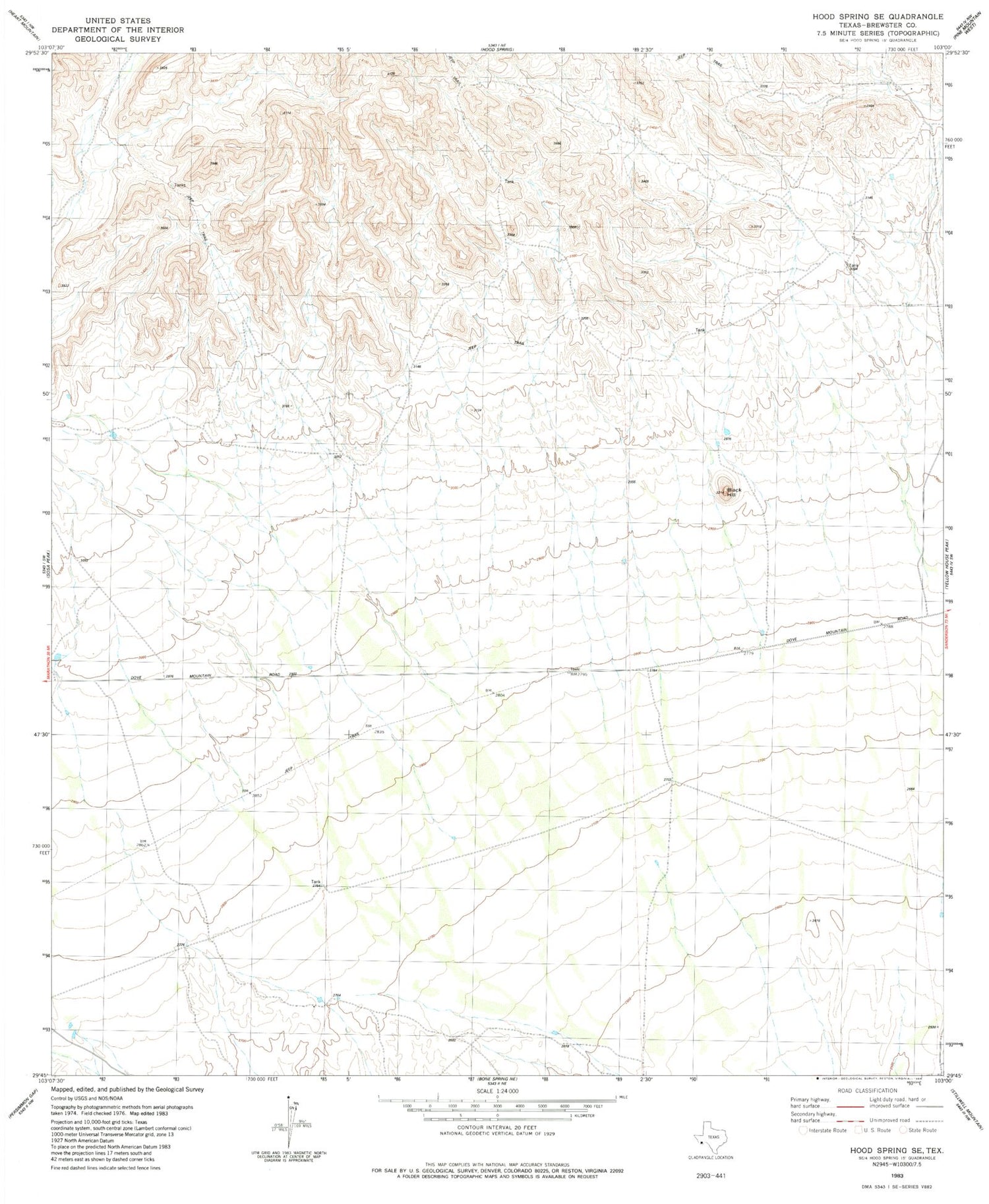 Classic USGS Hood Spring SE Texas 7.5'x7.5' Topo Map Image