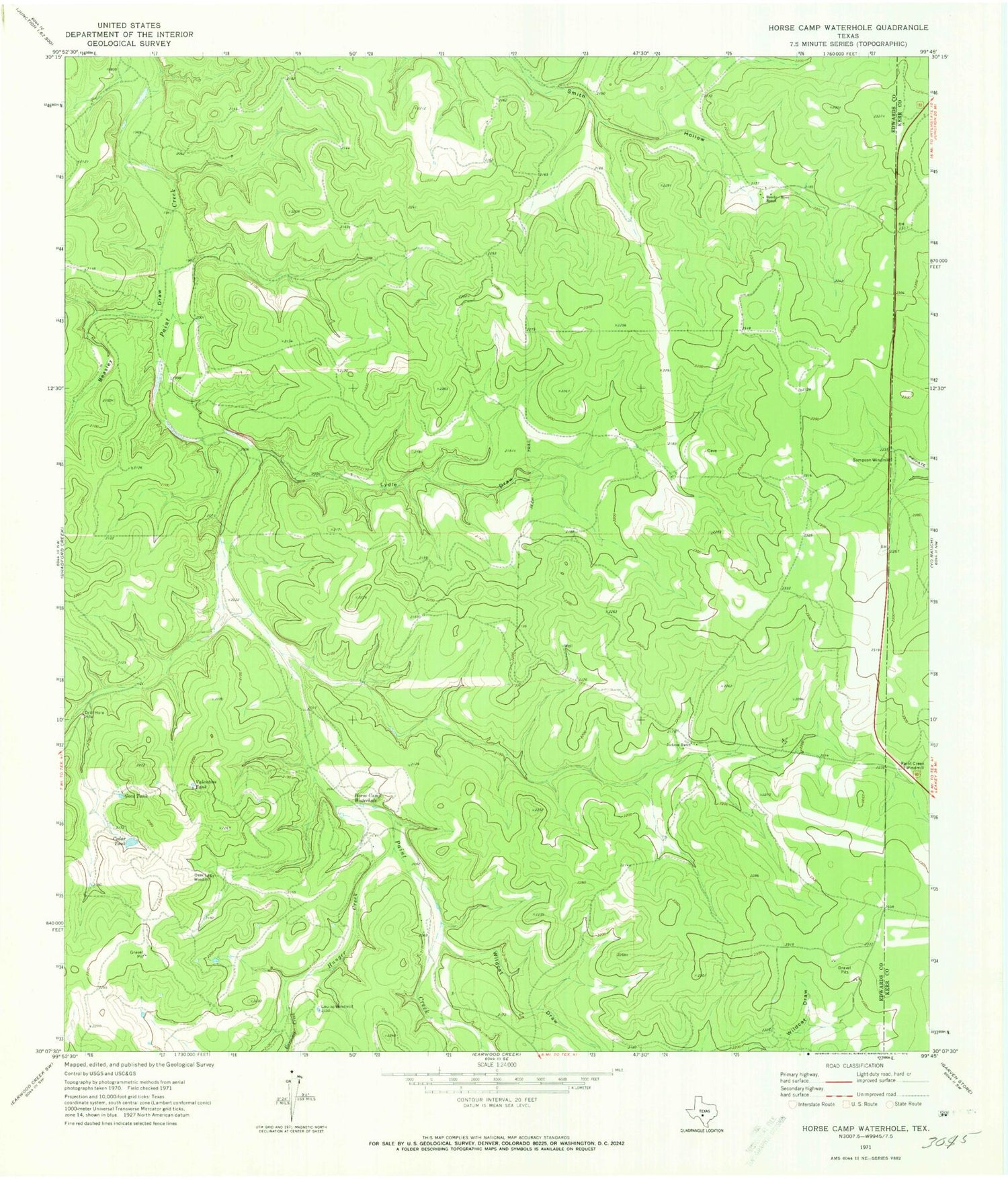 Classic USGS Horse Camp Waterhole Texas 7.5'x7.5' Topo Map Image