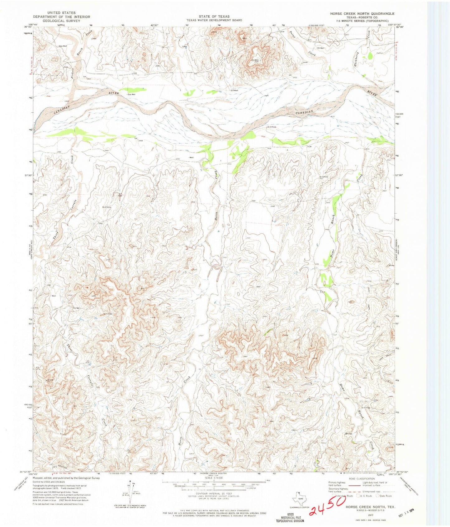 Classic USGS Horse Creek North Texas 7.5'x7.5' Topo Map Image