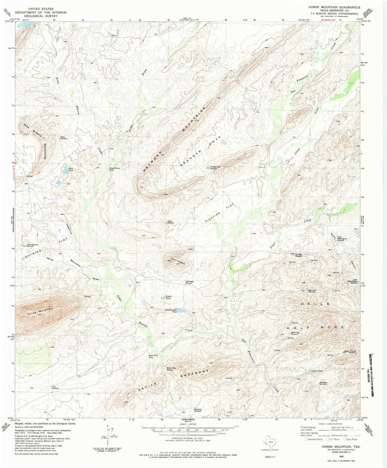 Classic USGS Horse Mountain Texas 7.5'x7.5' Topo Map Image