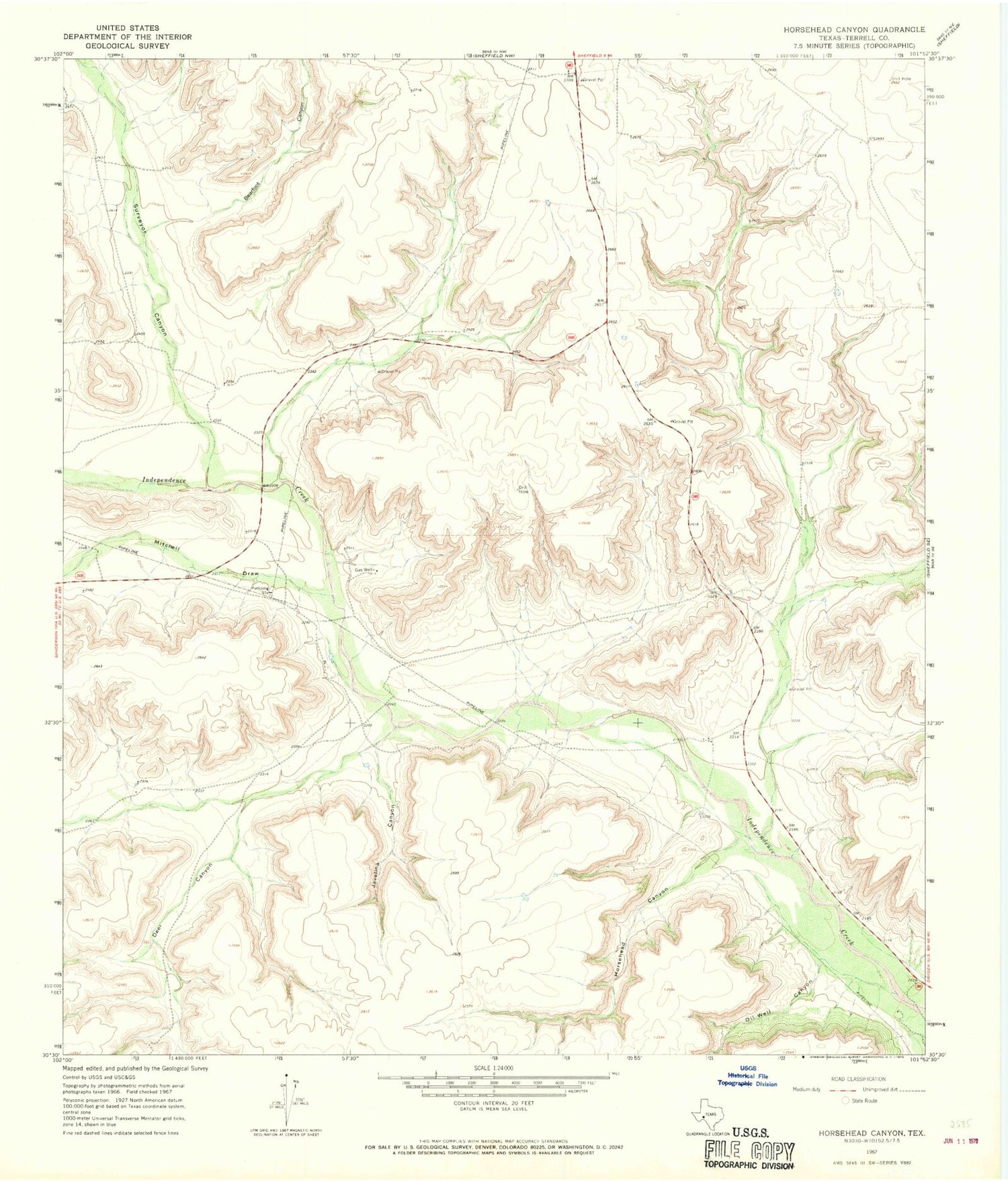 Classic USGS Horsehead Canyon Texas 7.5'x7.5' Topo Map Image