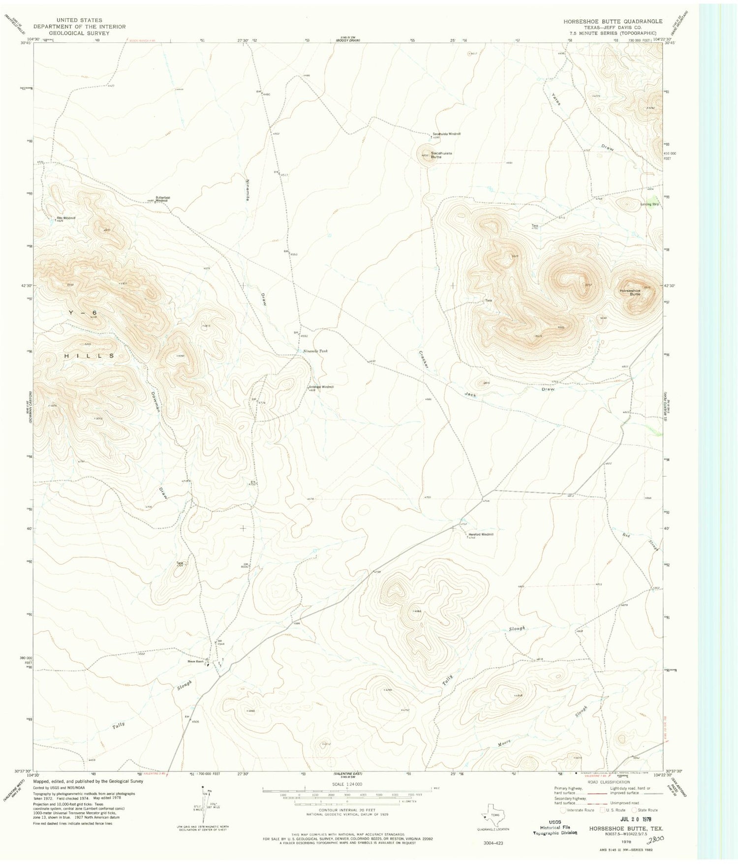 Classic USGS Horseshoe Butte Texas 7.5'x7.5' Topo Map Image