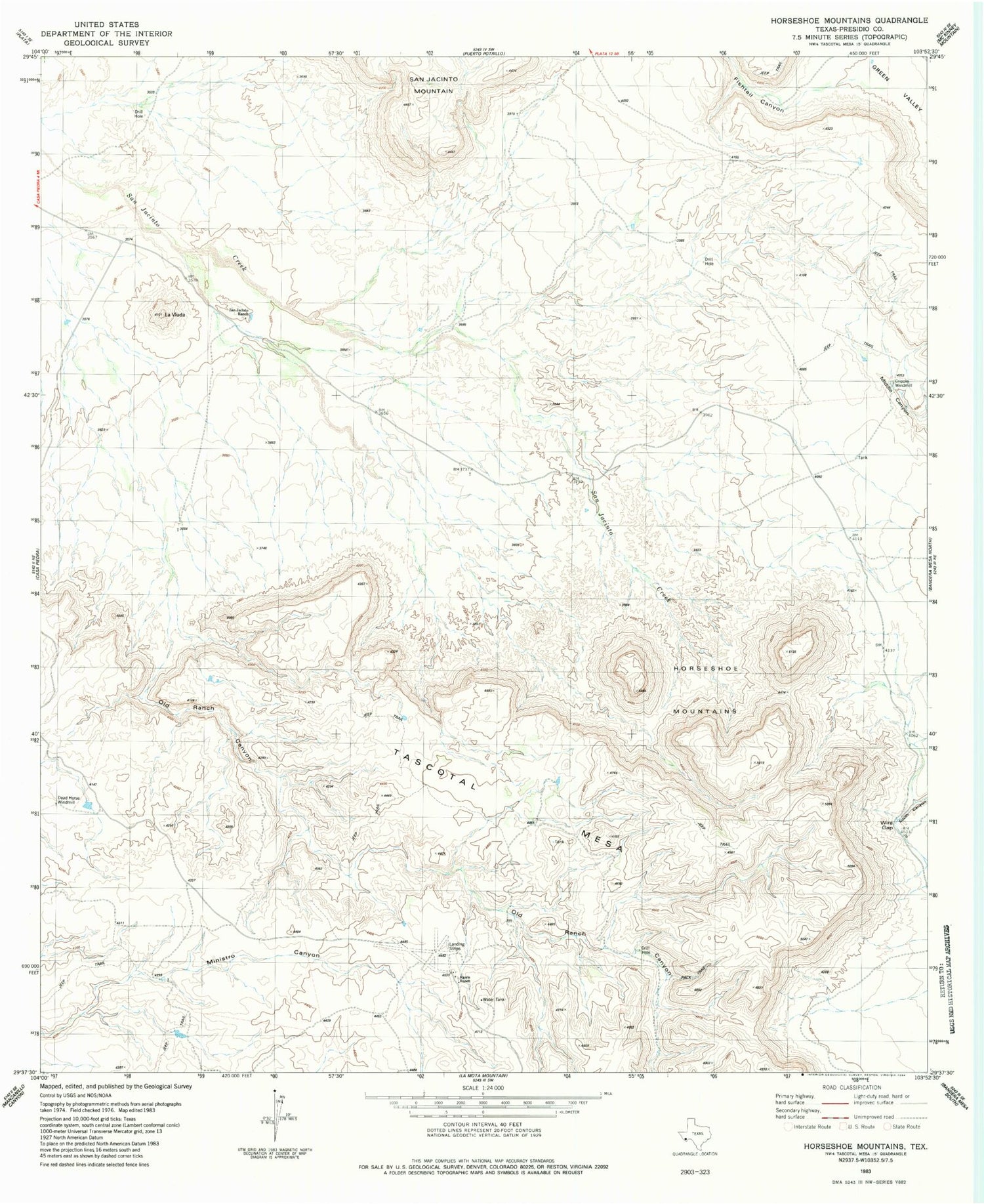 Classic USGS Horseshoe Mountains Texas 7.5'x7.5' Topo Map Image