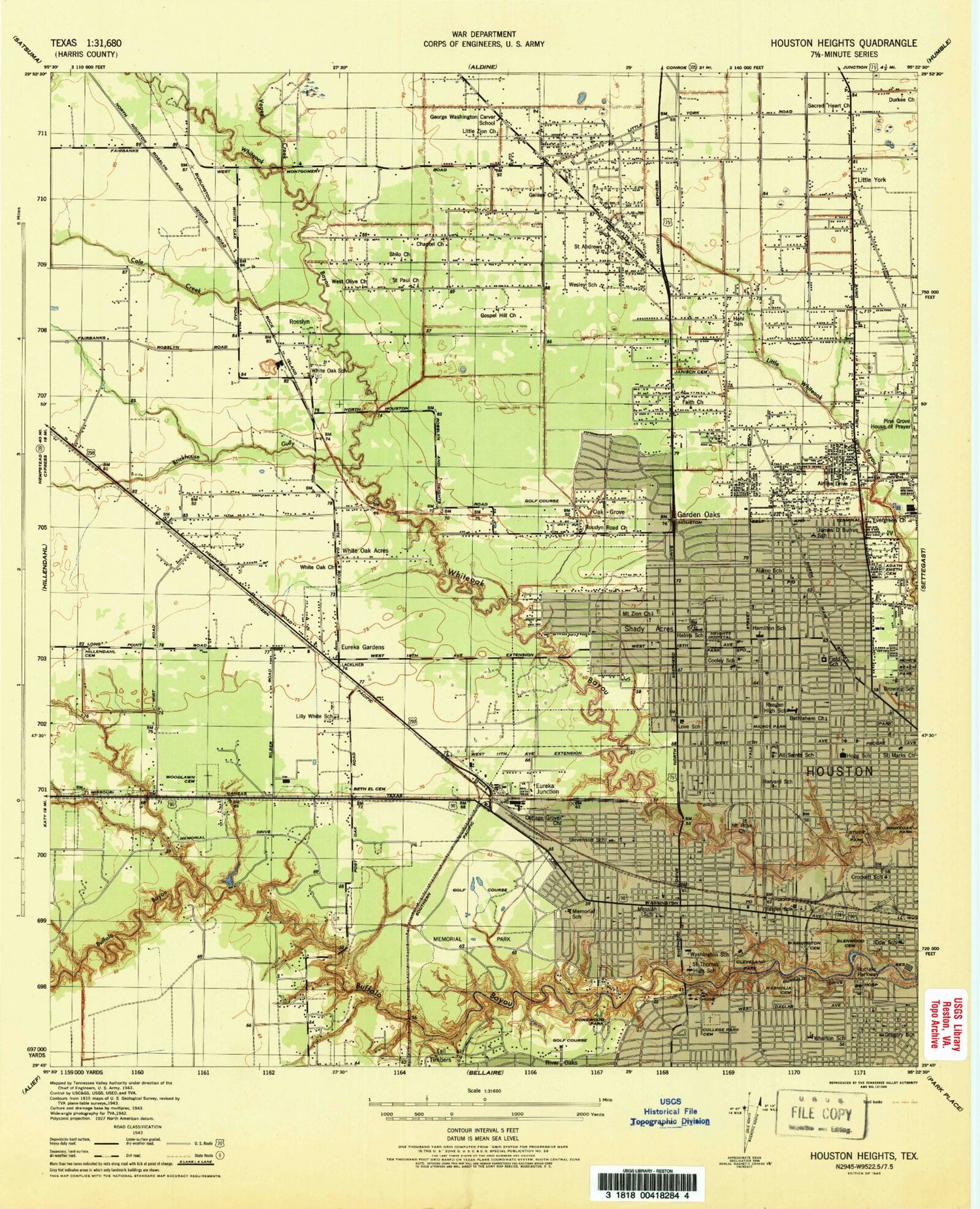 Classic USGS Houston Heights Texas 7.5'x7.5' Topo Map Image