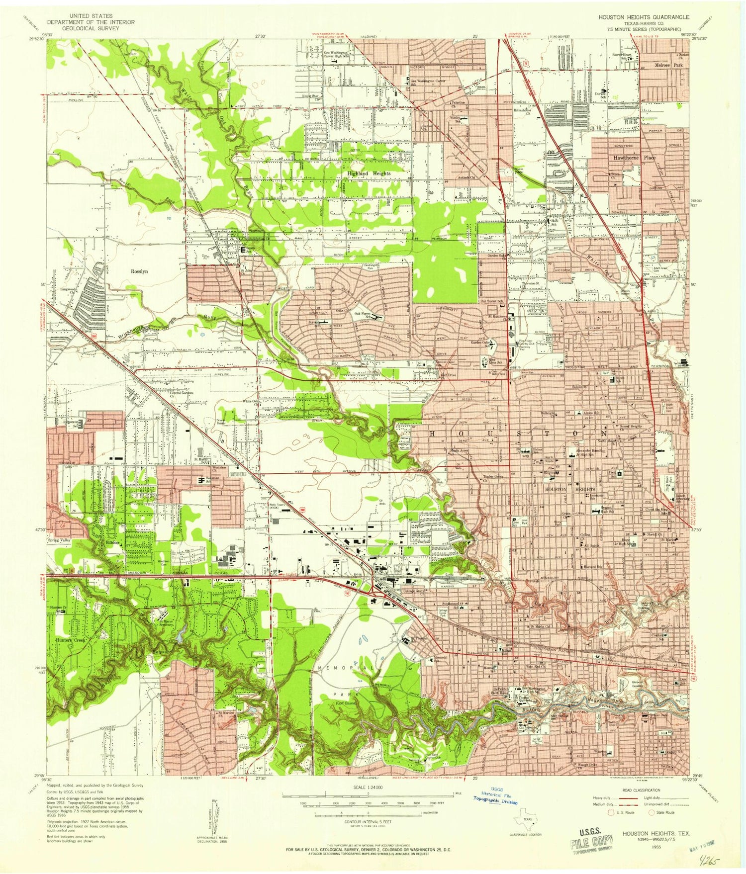 Classic USGS Houston Heights Texas 7.5'x7.5' Topo Map Image
