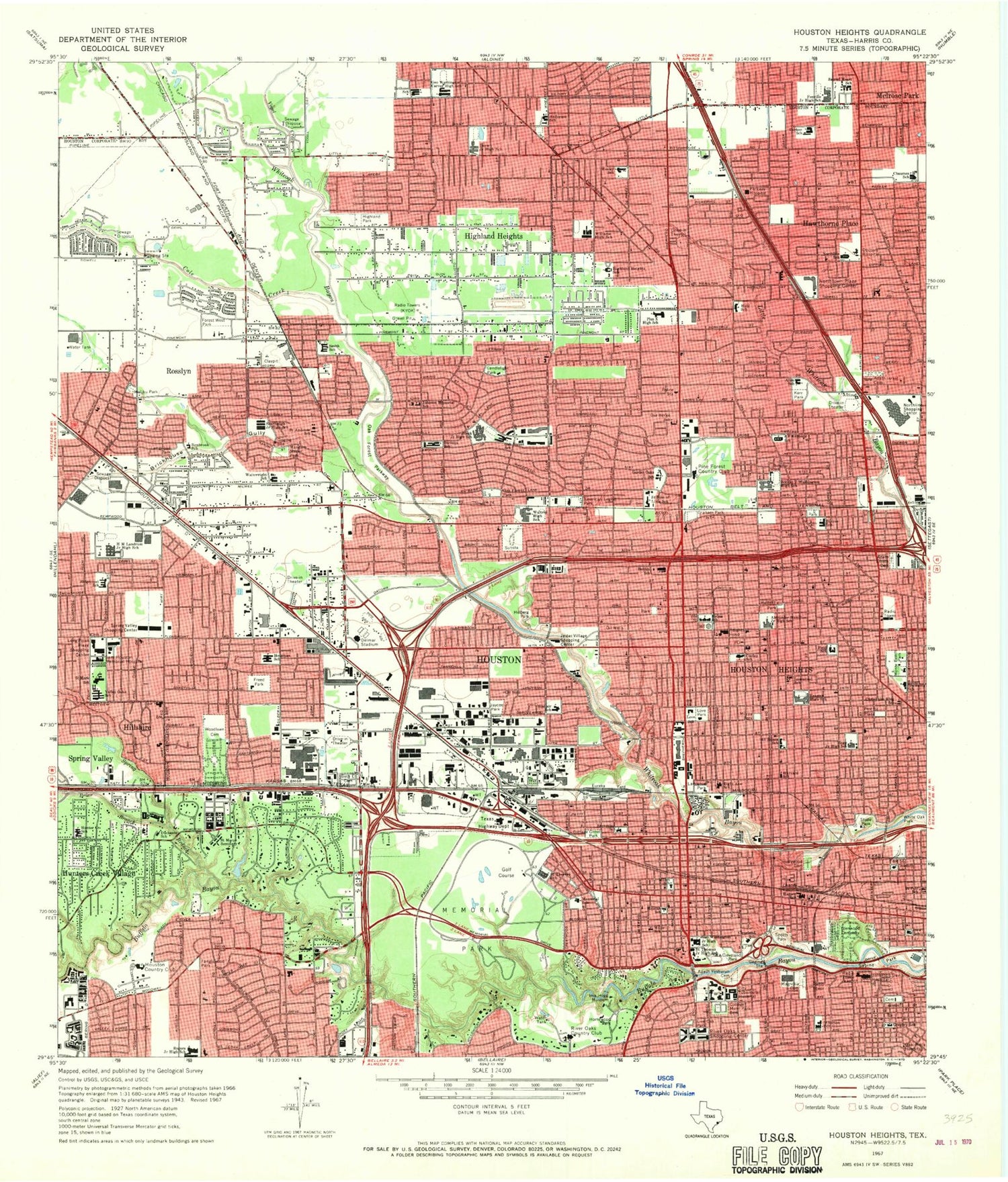Classic USGS Houston Heights Texas 7.5'x7.5' Topo Map Image