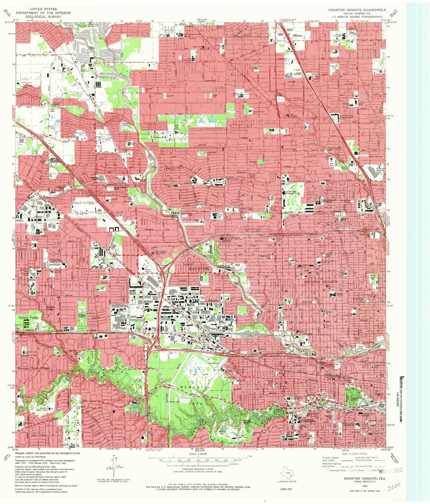 Classic USGS Houston Heights Texas 7.5'x7.5' Topo Map Image