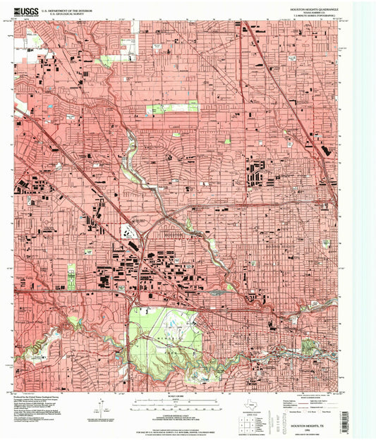 Classic USGS Houston Heights Texas 7.5'x7.5' Topo Map Image