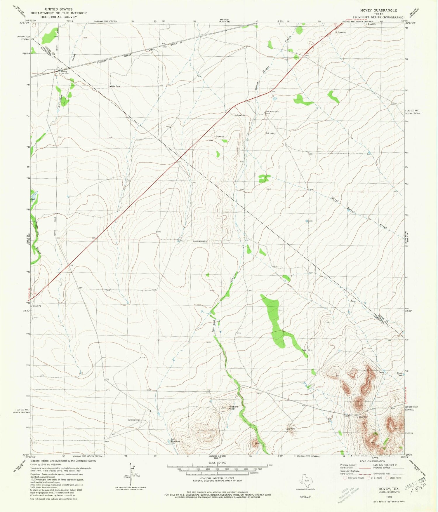 Classic USGS Hovey Texas 7.5'x7.5' Topo Map Image