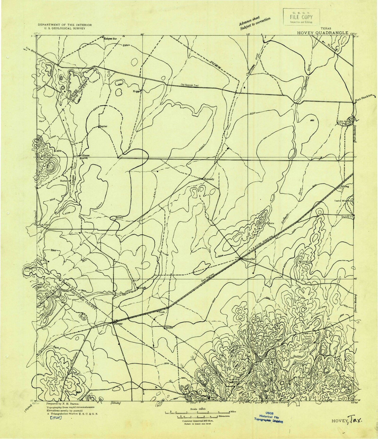 Historic 1929 Hovey Texas 30'x30' Topo Map Image