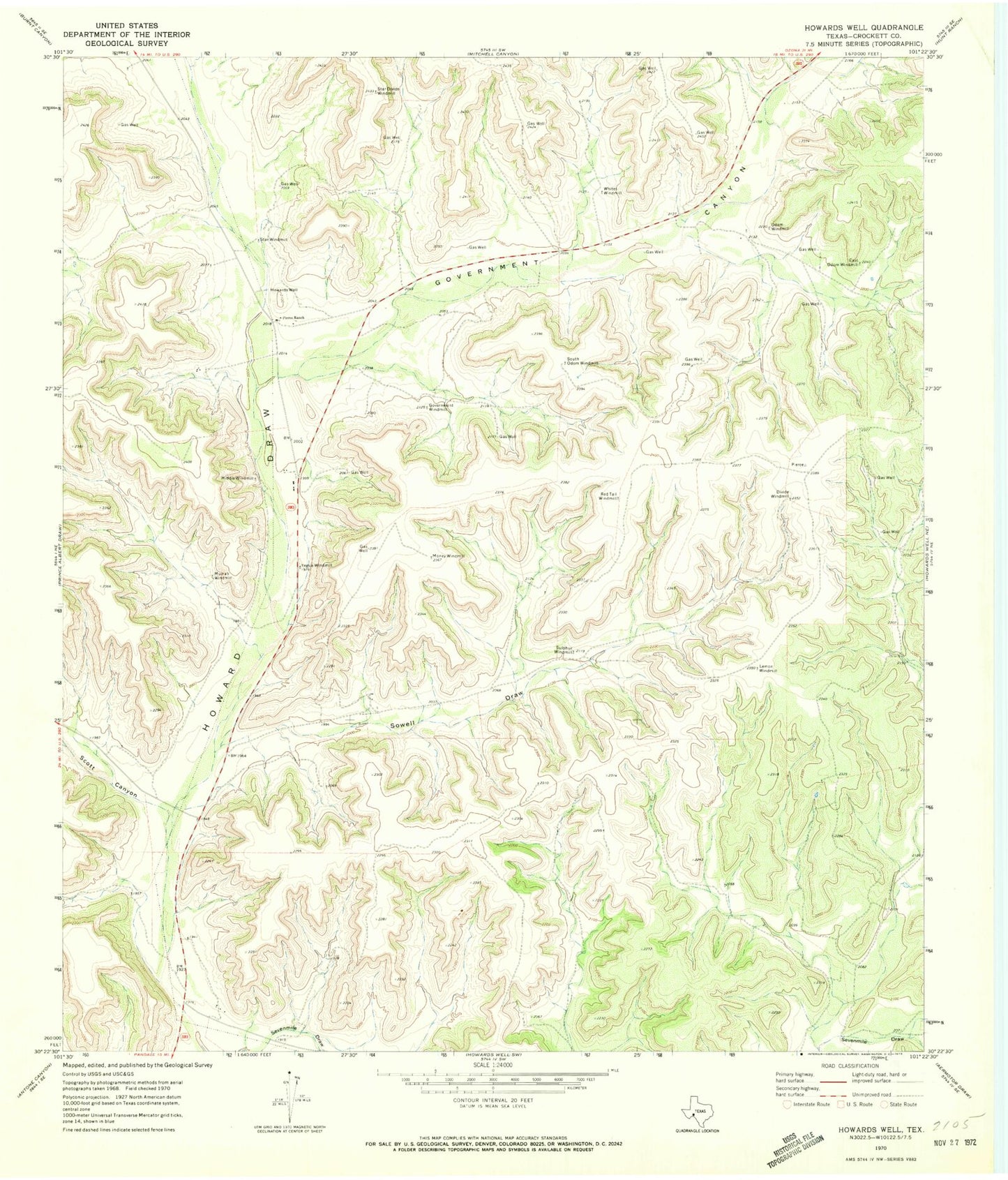 Classic USGS Howards Well Texas 7.5'x7.5' Topo Map Image