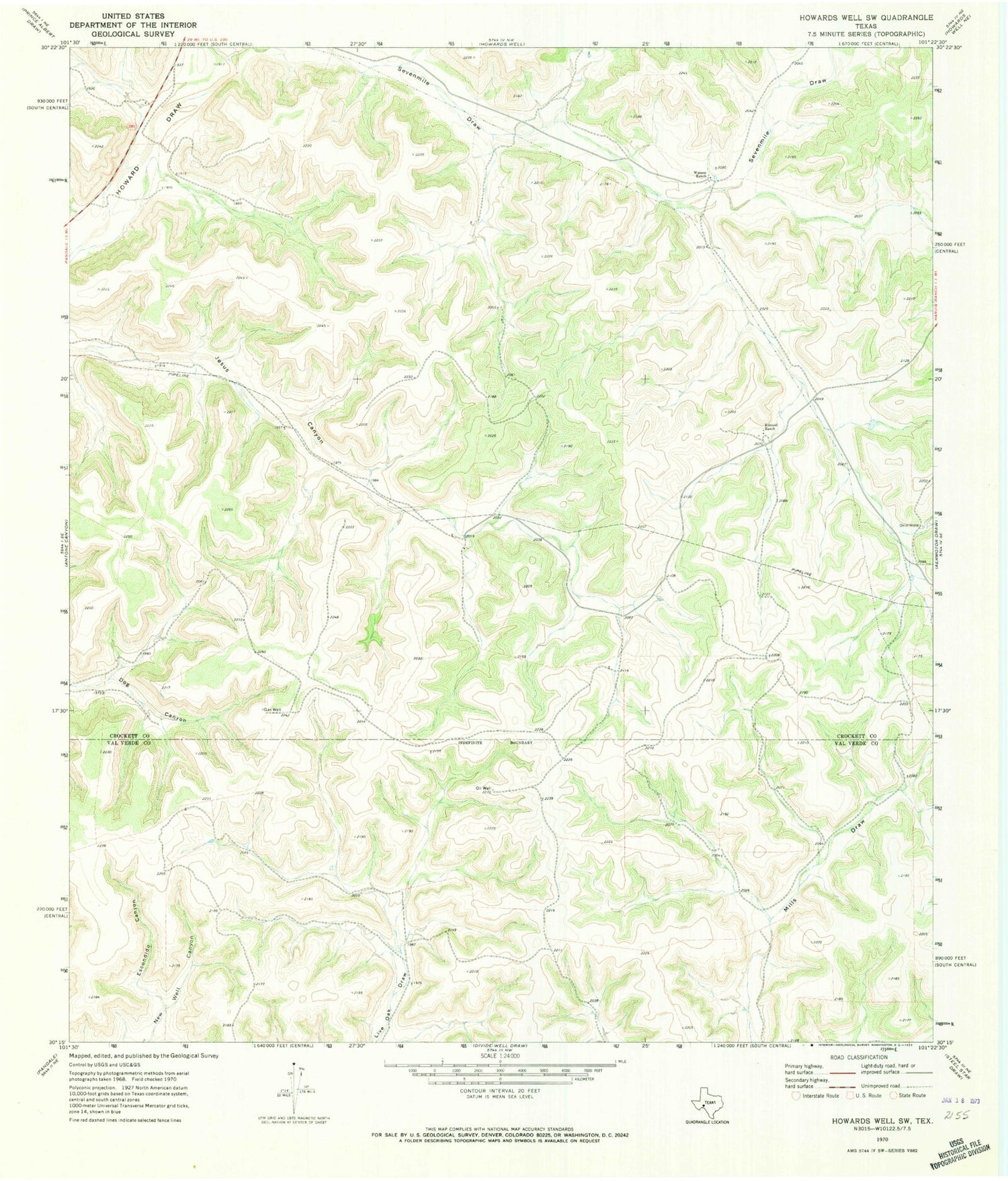 Classic USGS Howards Well SW Texas 7.5'x7.5' Topo Map Image