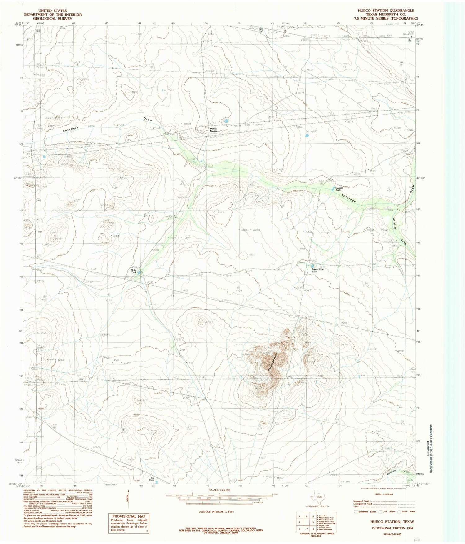 Classic USGS Hueco Station Texas 7.5'x7.5' Topo Map Image