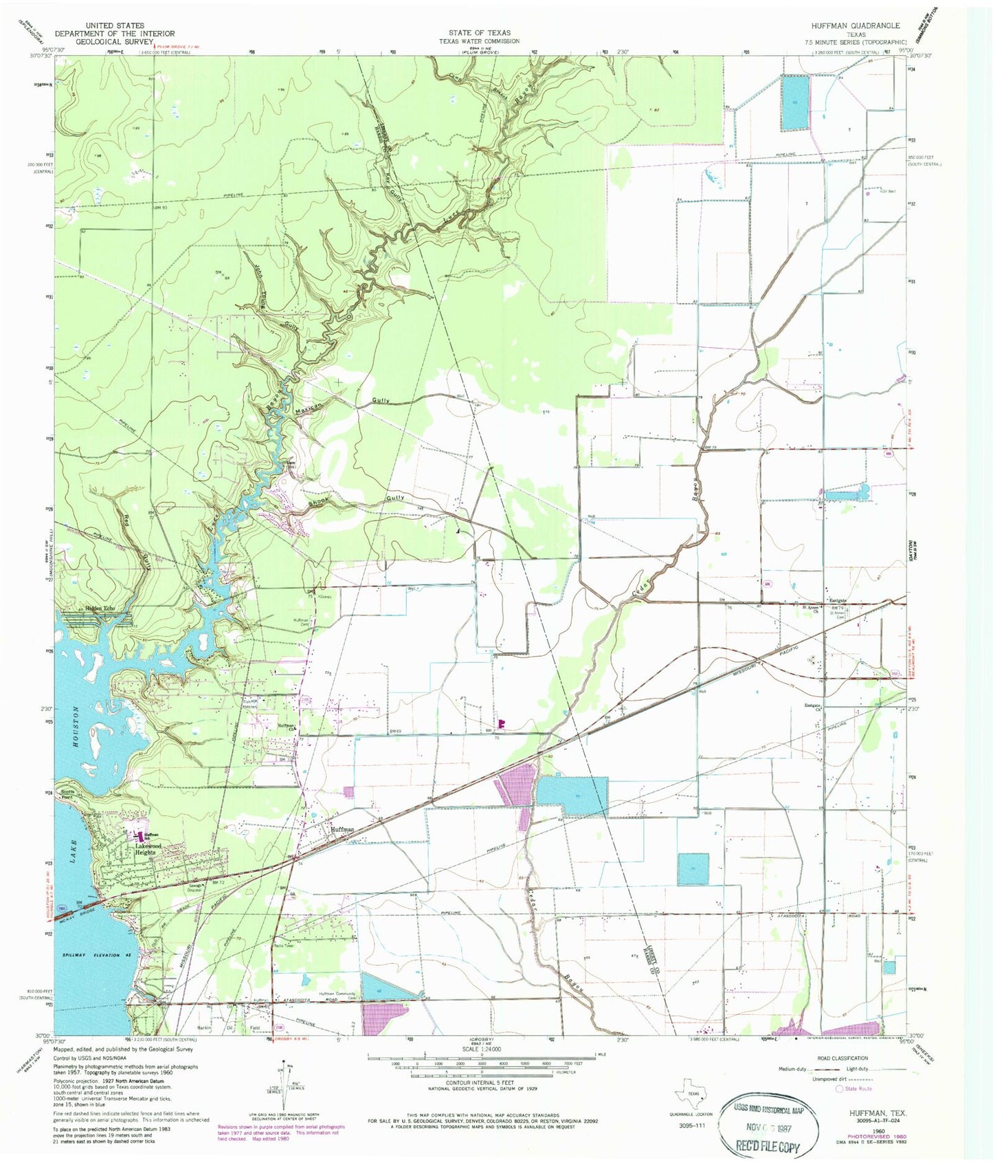 Classic USGS Huffman Texas 7.5'x7.5' Topo Map Image