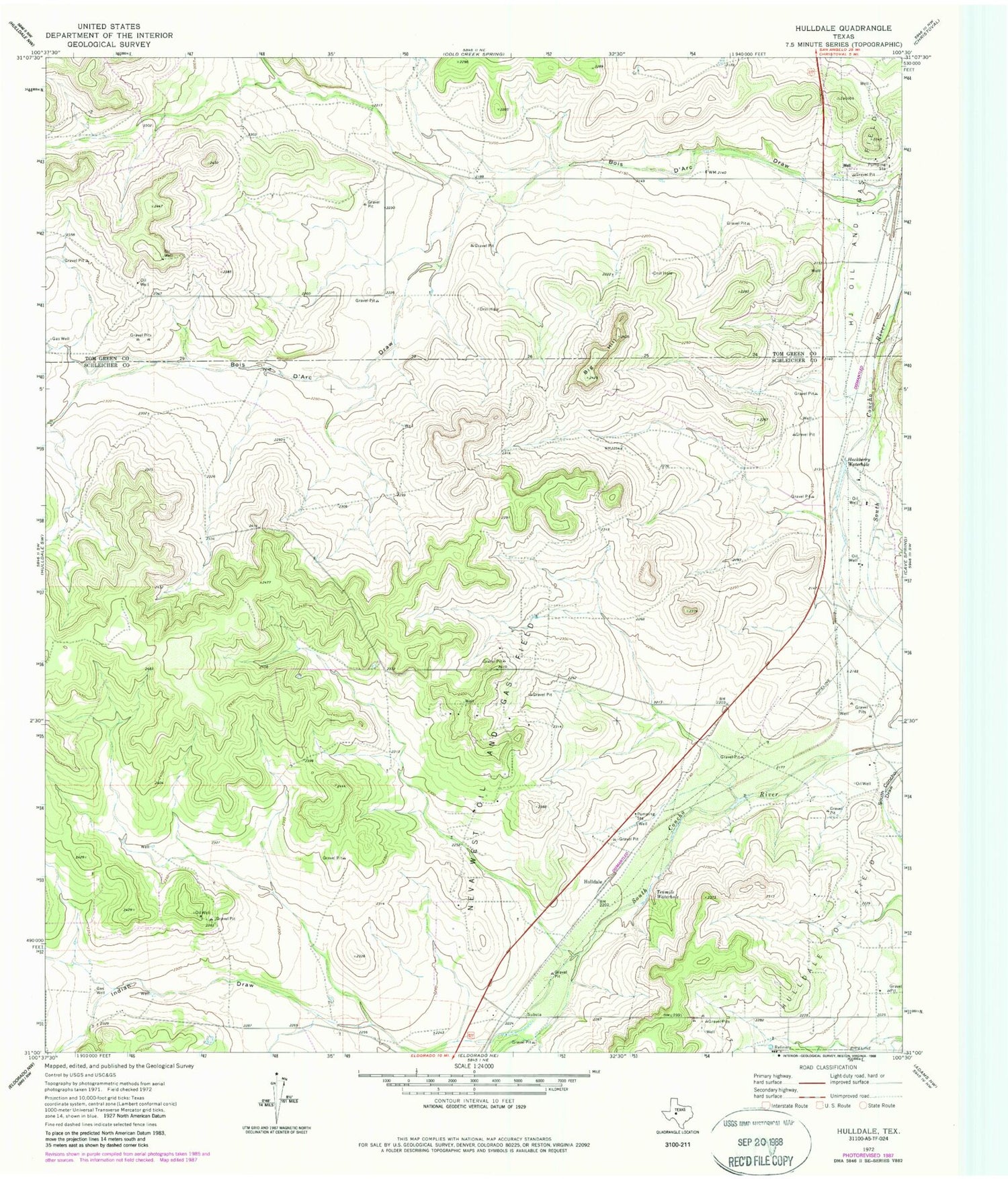 Classic USGS Hulldale Texas 7.5'x7.5' Topo Map Image