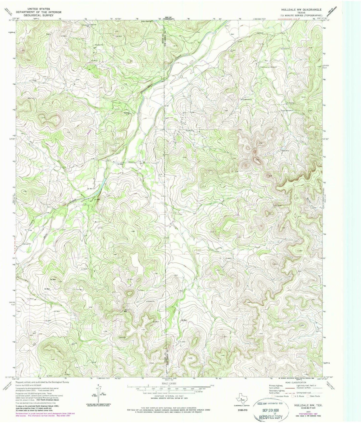 Classic USGS Hulldale NW Texas 7.5'x7.5' Topo Map Image