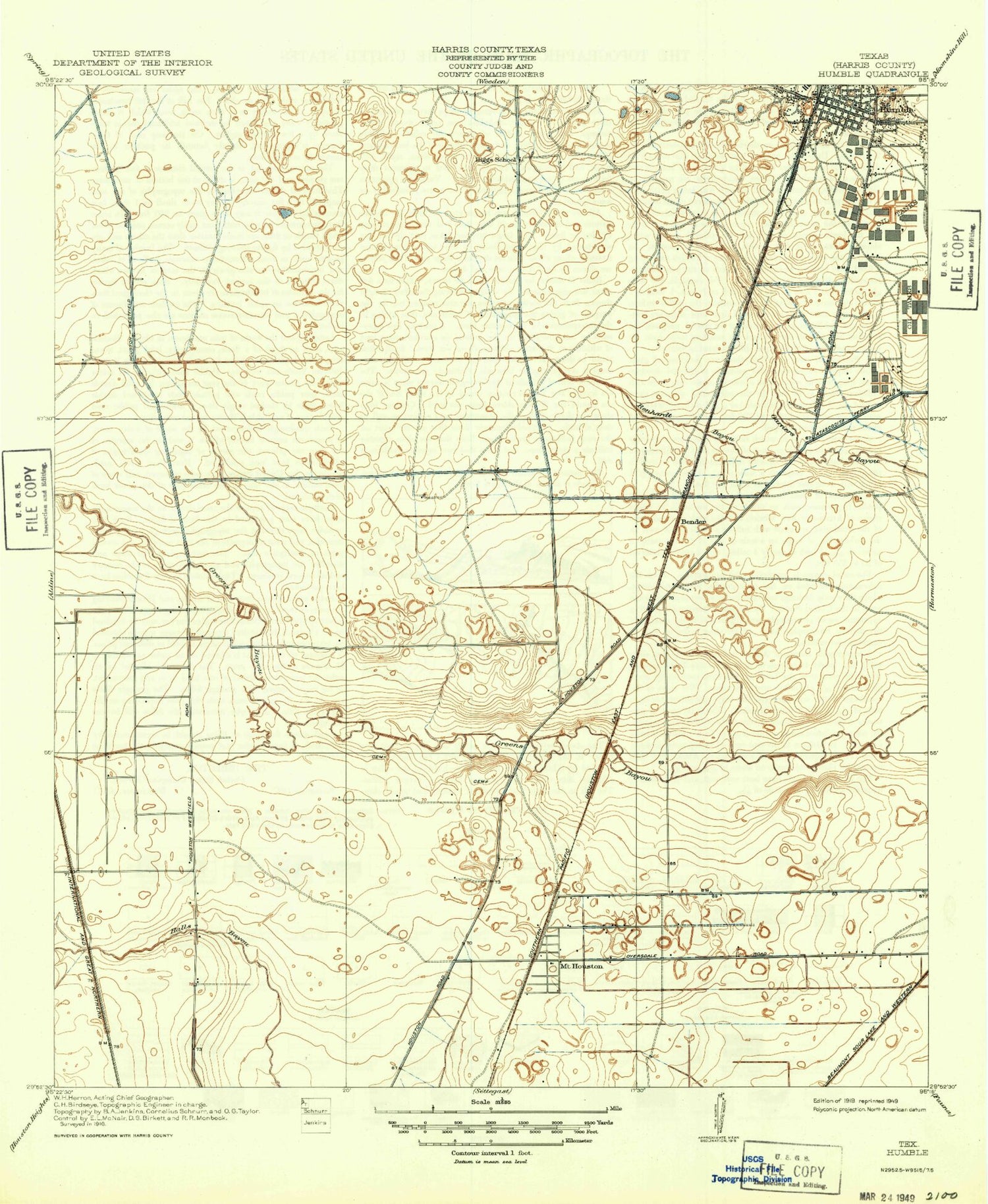 Classic USGS Humble Texas 7.5'x7.5' Topo Map Image