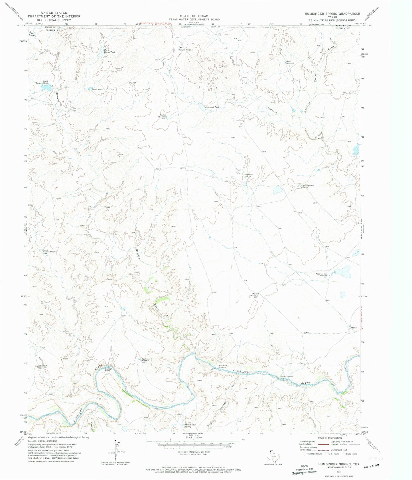 Classic USGS Humdinger Spring Texas 7.5'x7.5' Topo Map Image