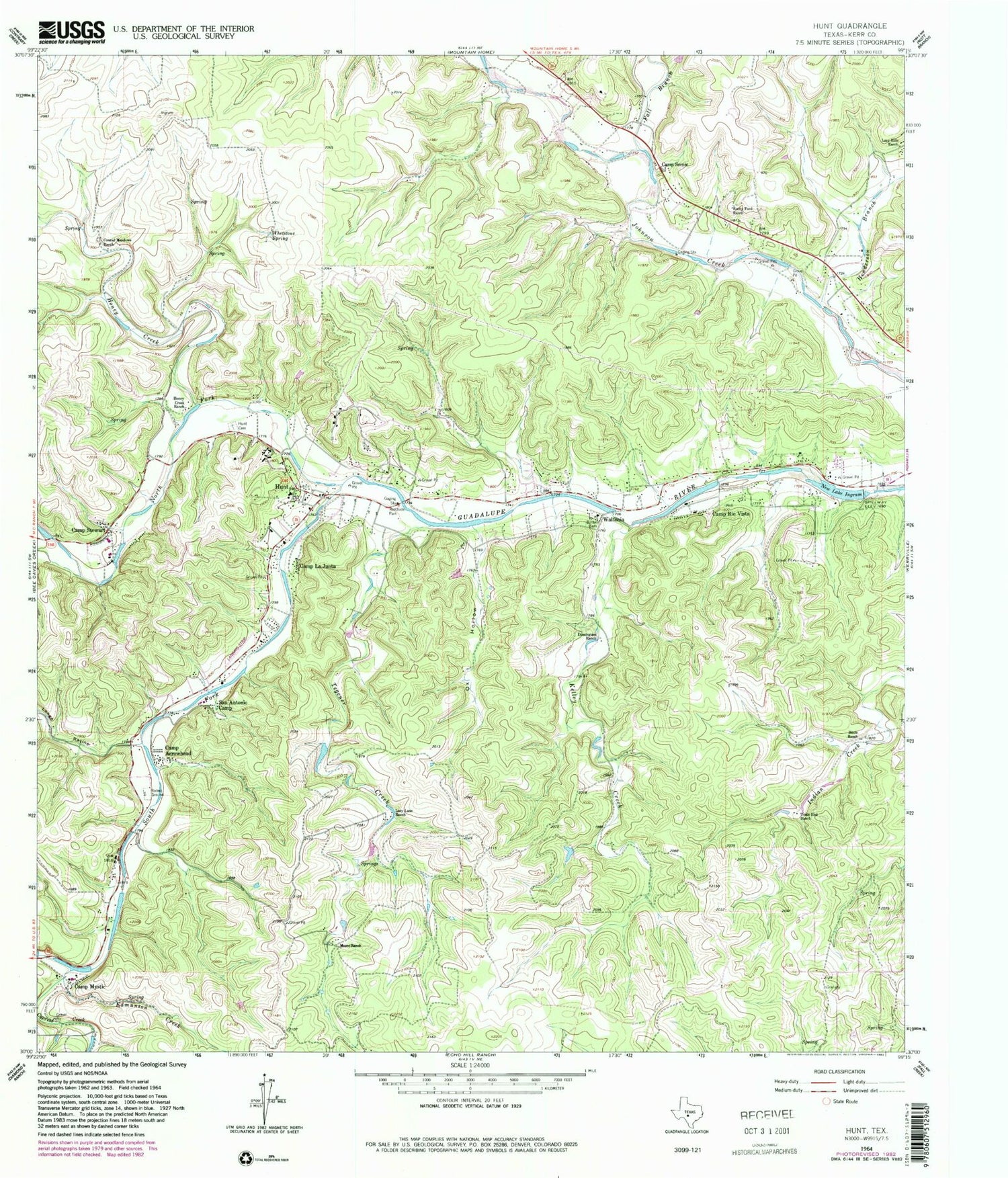 Classic USGS Hunt Texas 7.5'x7.5' Topo Map Image