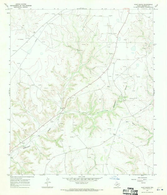 Classic USGS Hunt Ranch Texas 7.5'x7.5' Topo Map Image