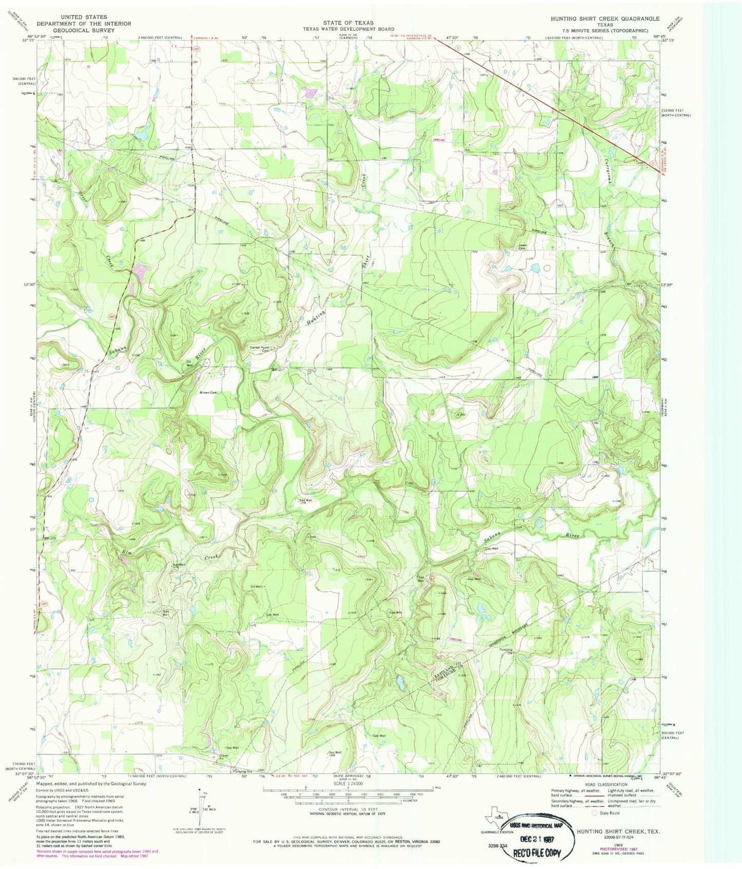 Classic USGS Hunting Shirt Creek Texas 7.5'x7.5' Topo Map Image