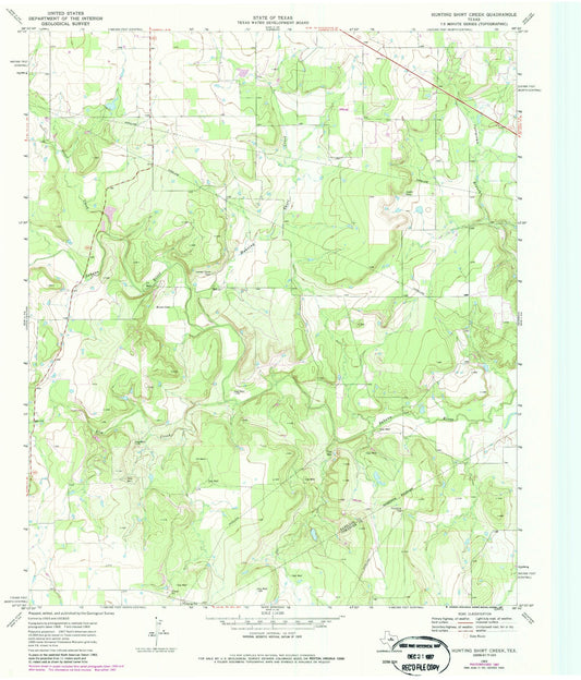 Classic USGS Hunting Shirt Creek Texas 7.5'x7.5' Topo Map Image