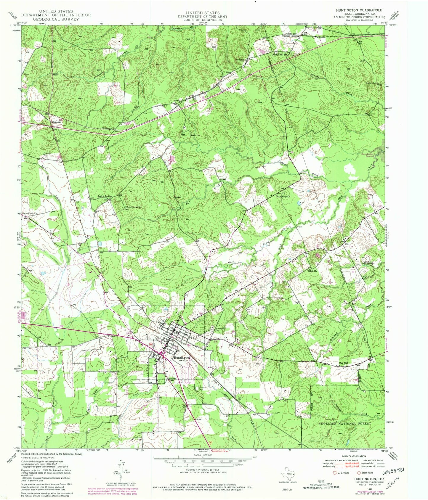 Classic USGS Huntington Texas 7.5'x7.5' Topo Map Image