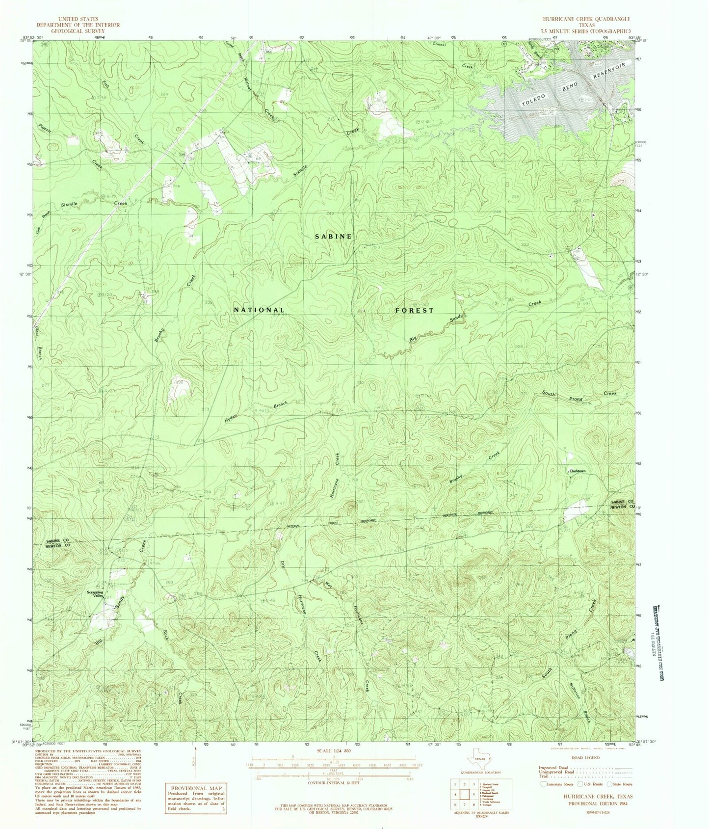 Classic USGS Hurricane Creek Texas 7.5'x7.5' Topo Map Image
