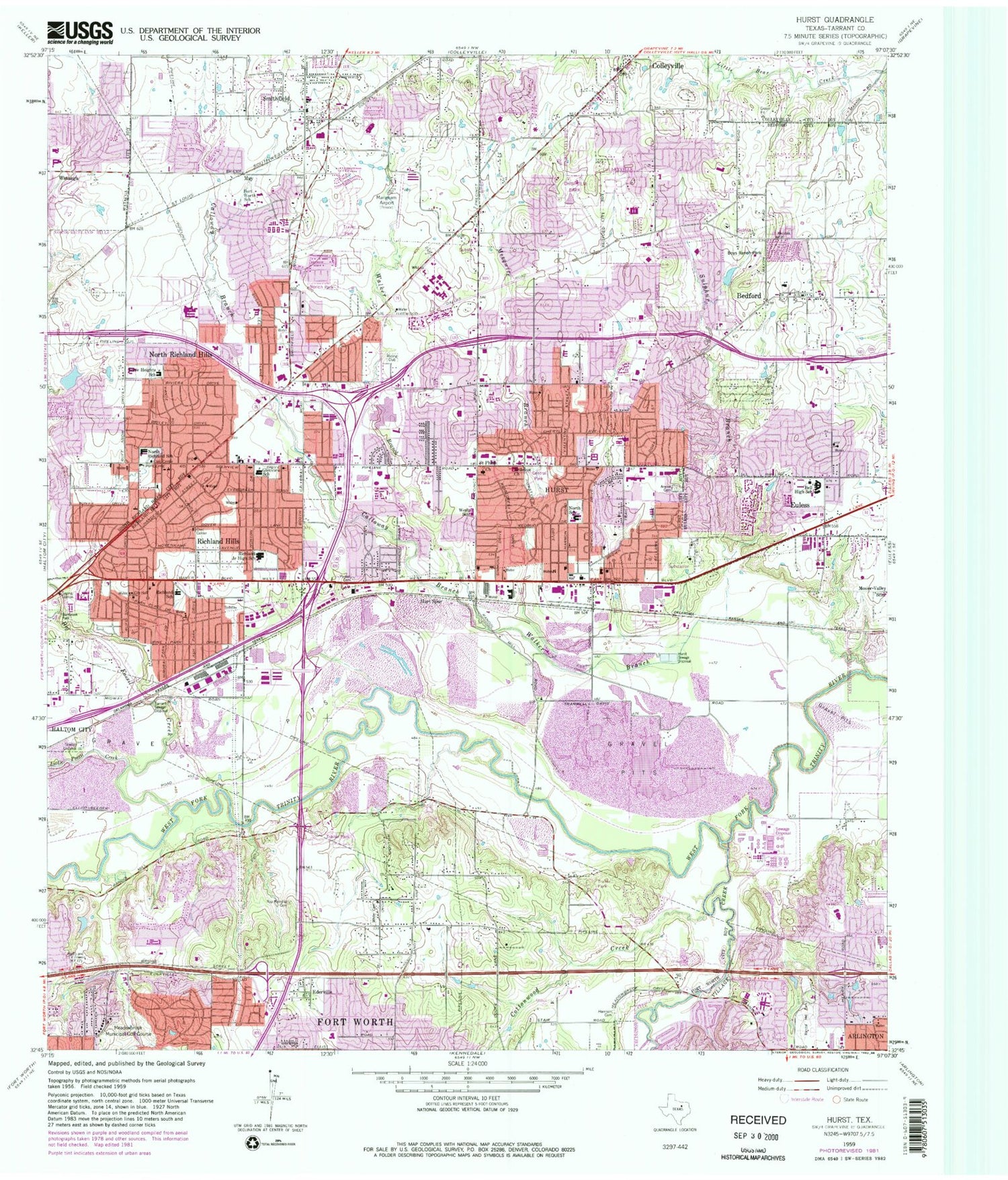 Classic USGS Hurst Texas 7.5'x7.5' Topo Map Image