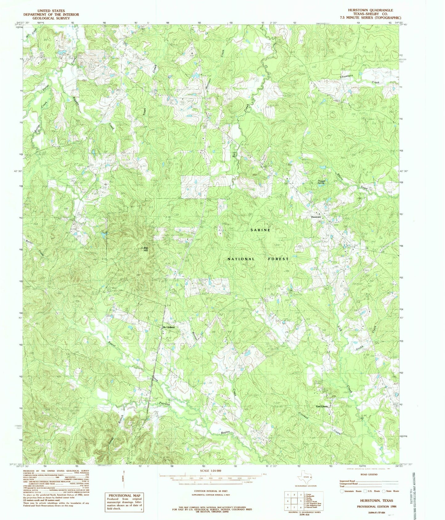 Classic USGS Hurstown Texas 7.5'x7.5' Topo Map Image