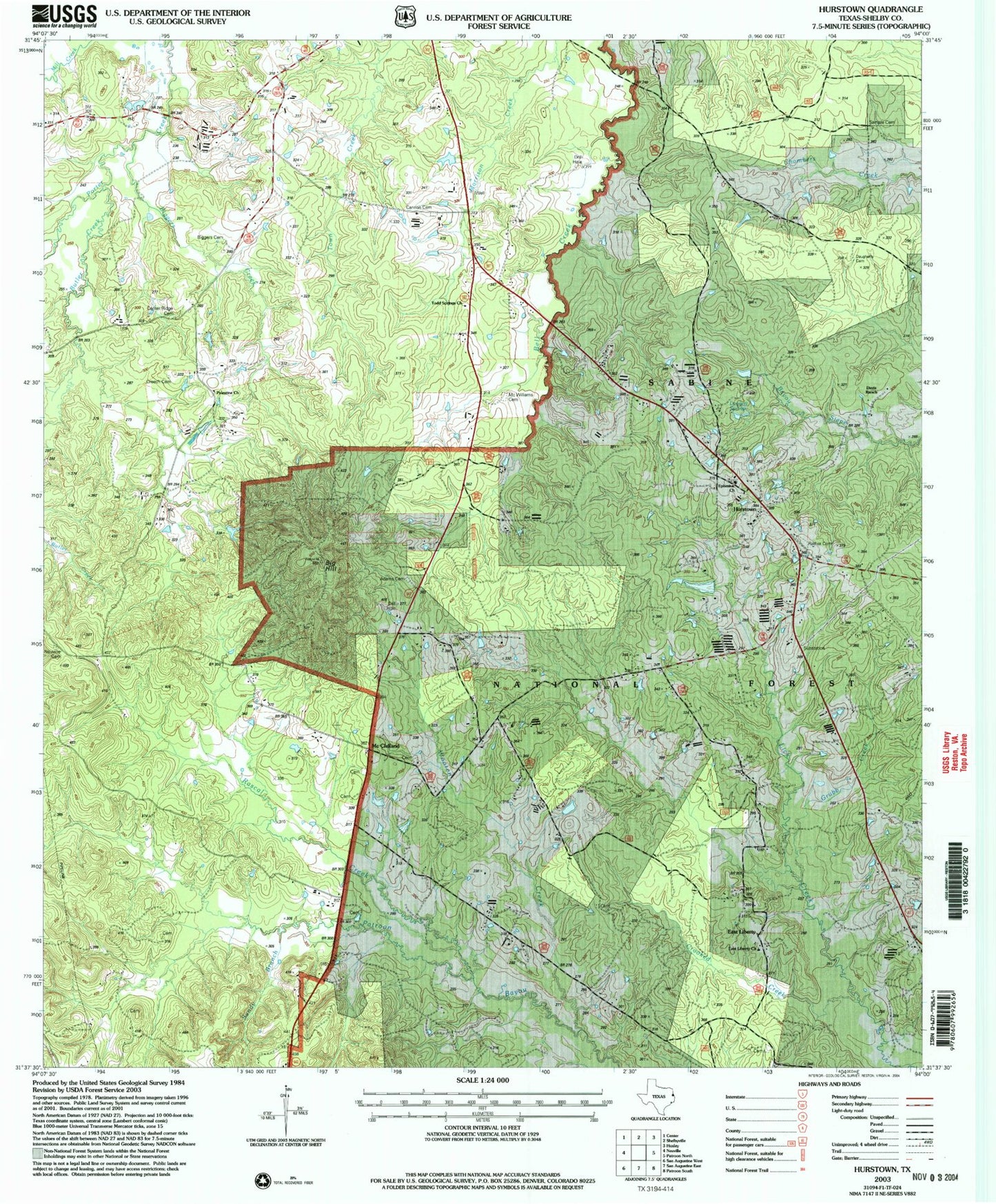 Classic USGS Hurstown Texas 7.5'x7.5' Topo Map Image