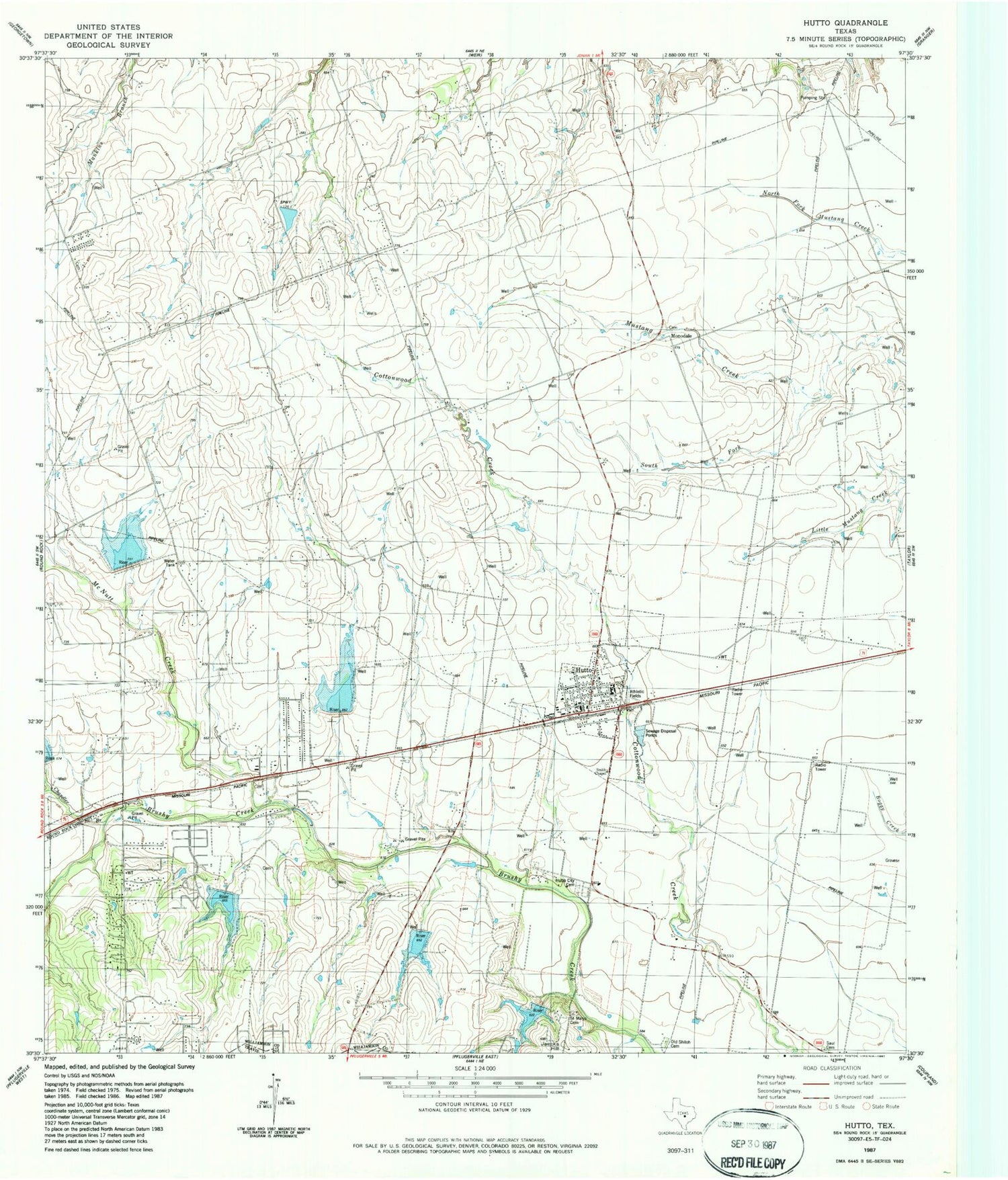 Classic USGS Hutto Texas 7.5'x7.5' Topo Map Image