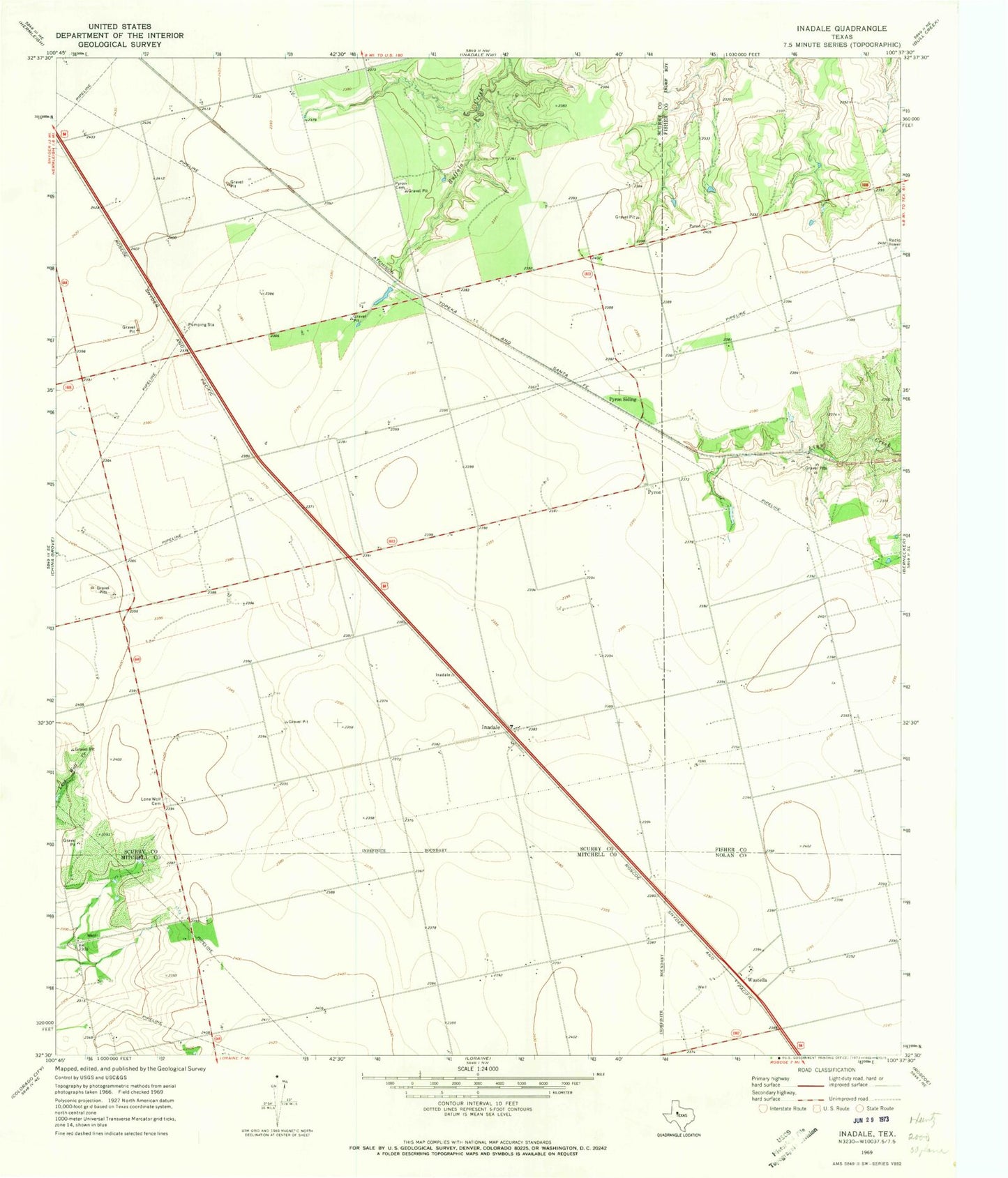 Classic USGS Inadale Texas 7.5'x7.5' Topo Map Image