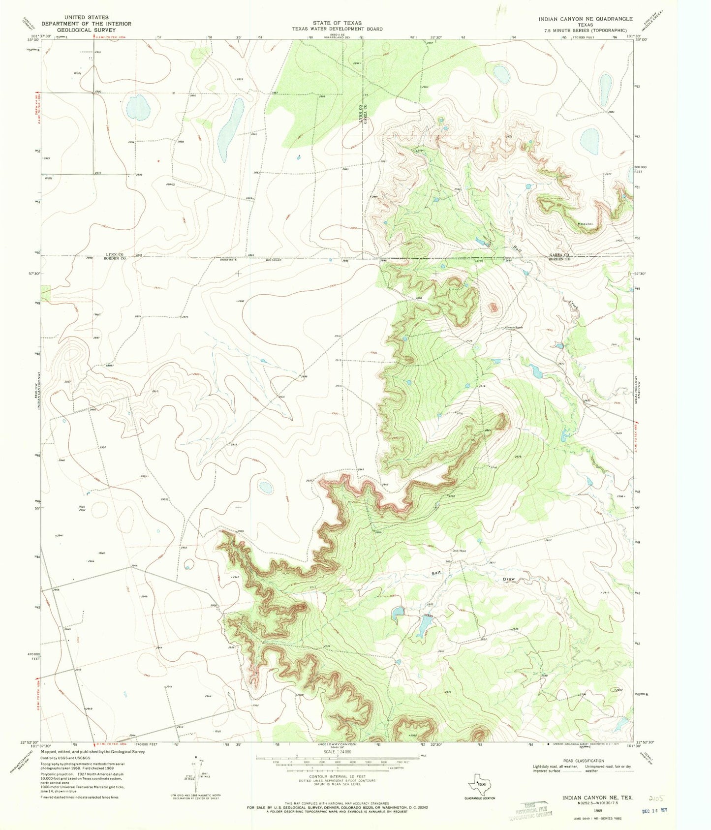 Classic USGS Indian Canyon NE Texas 7.5'x7.5' Topo Map Image