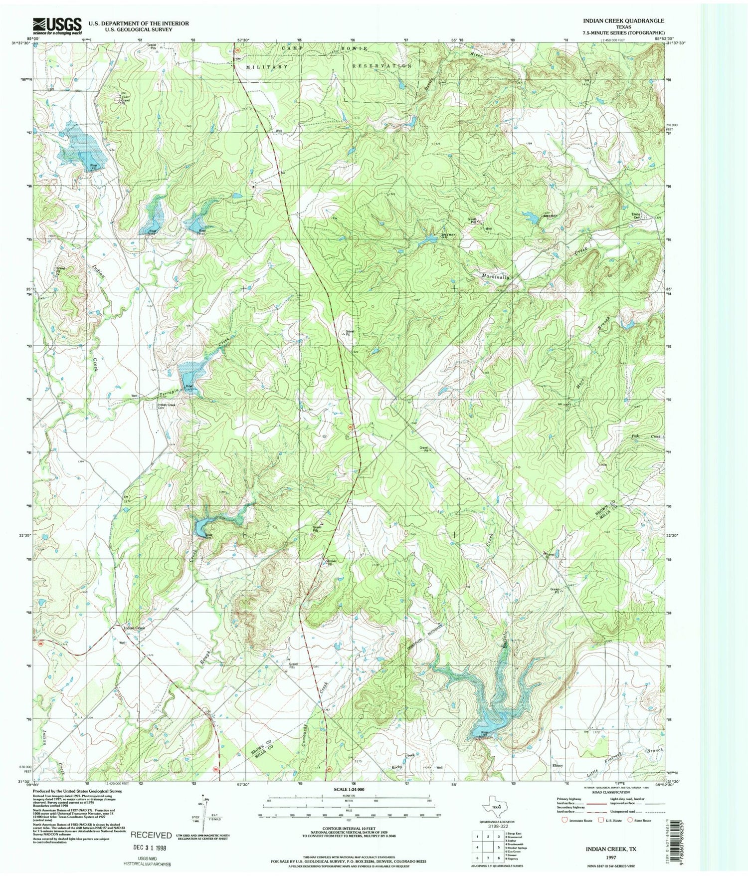 Classic USGS Indian Creek Texas 7.5'x7.5' Topo Map Image