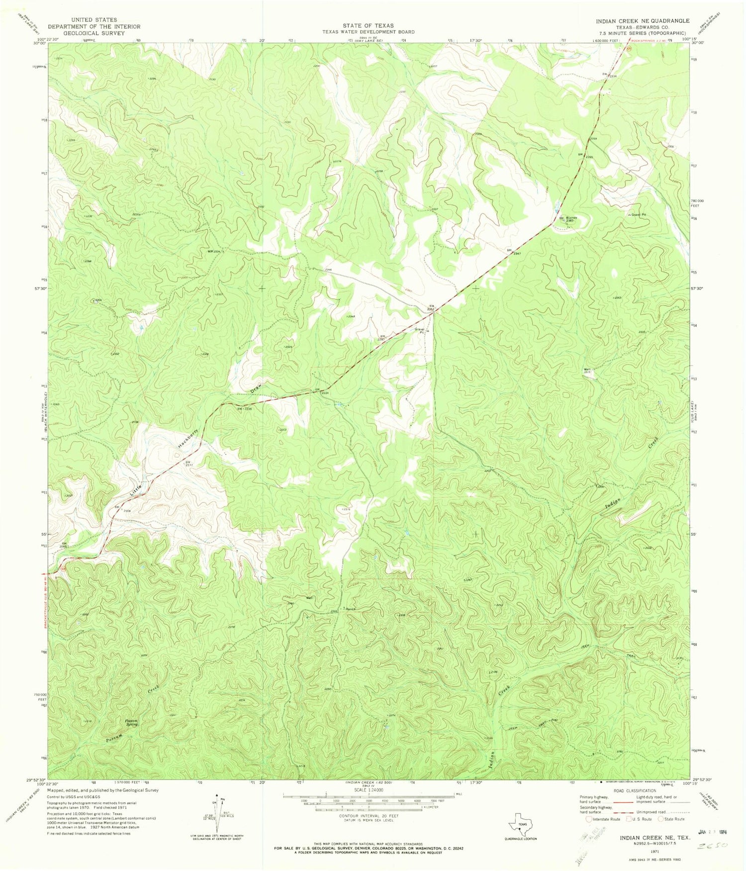Classic USGS Indian Creek NE Texas 7.5'x7.5' Topo Map Image
