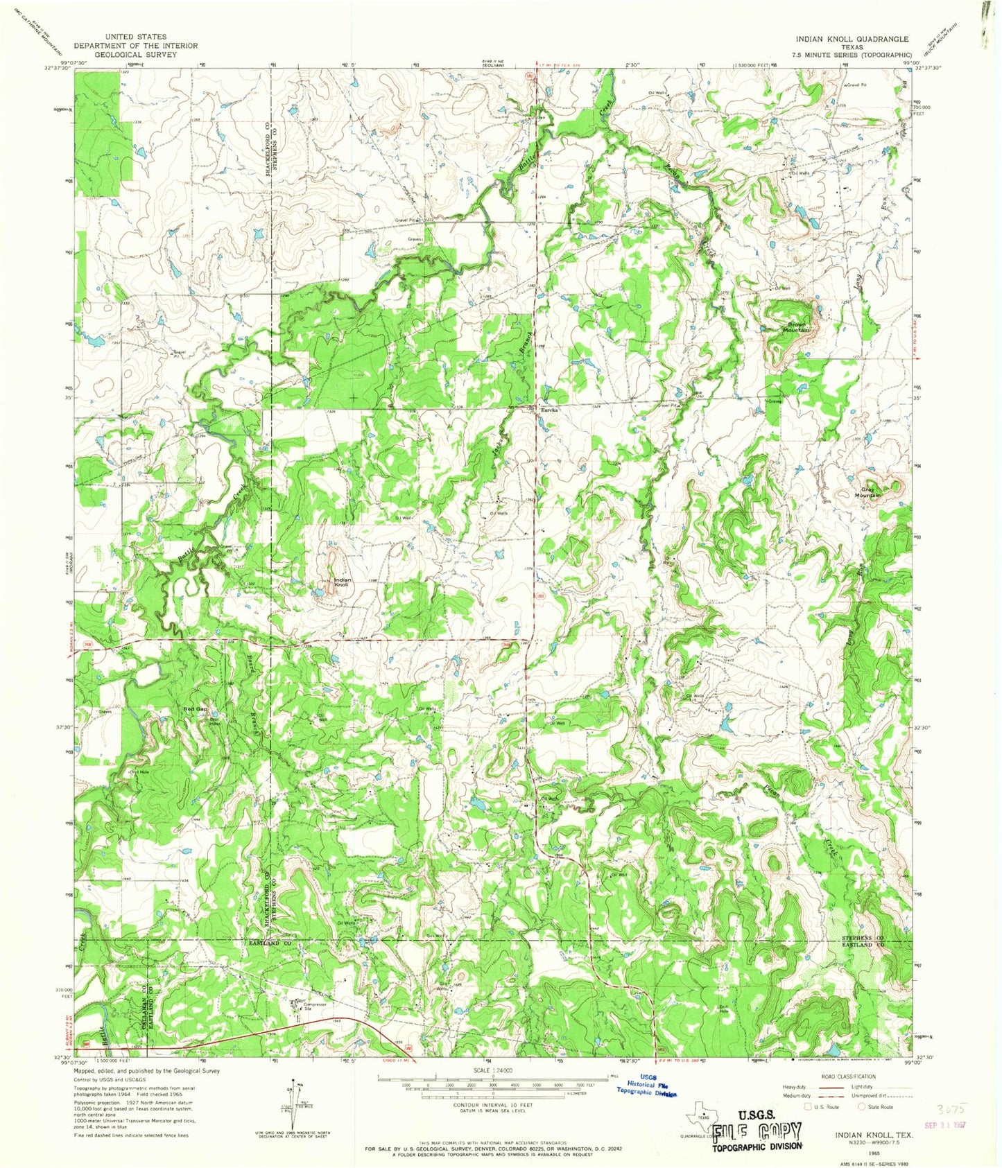 Classic USGS Indian Knoll Texas 7.5'x7.5' Topo Map Image