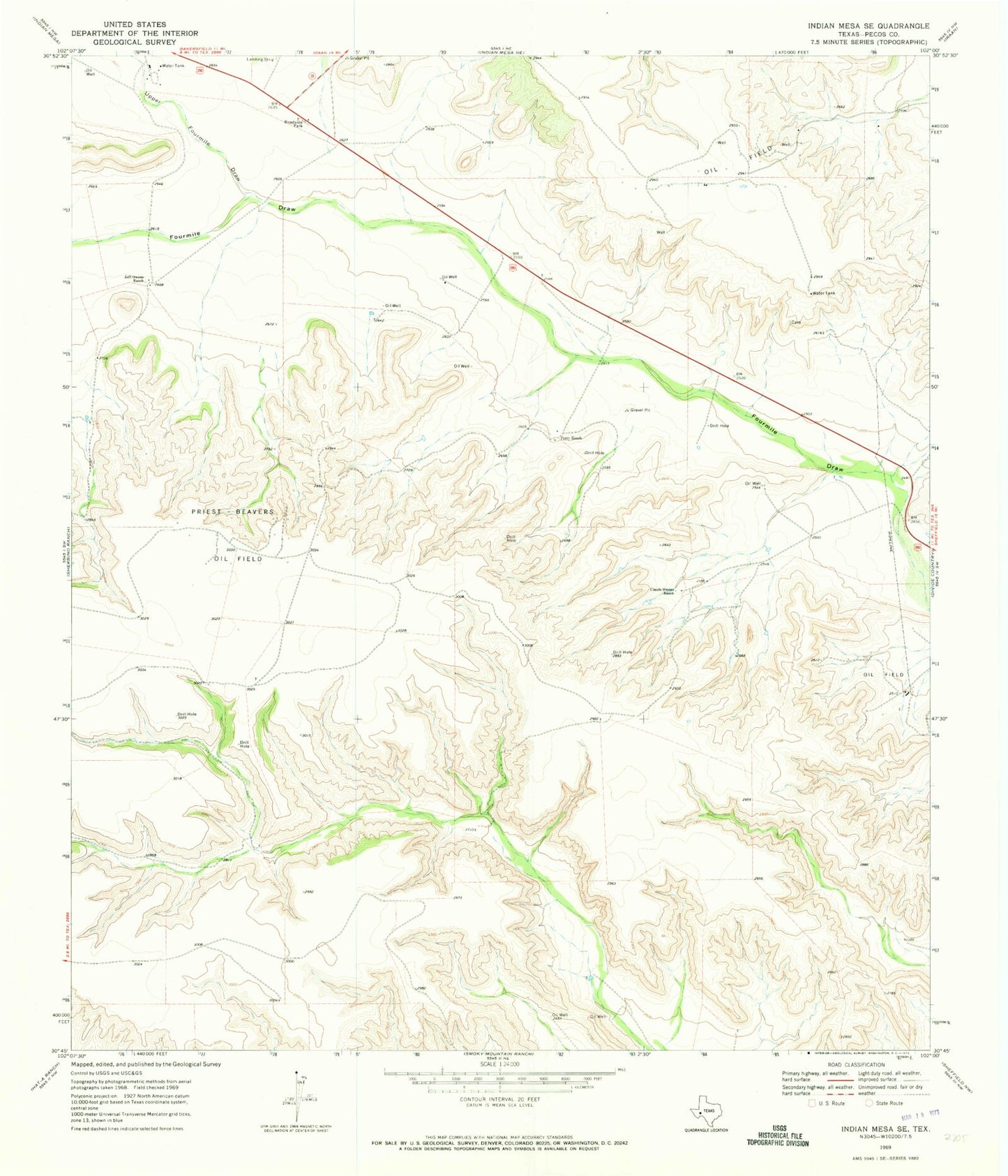 Classic USGS Indian Mesa SE Texas 7.5'x7.5' Topo Map Image